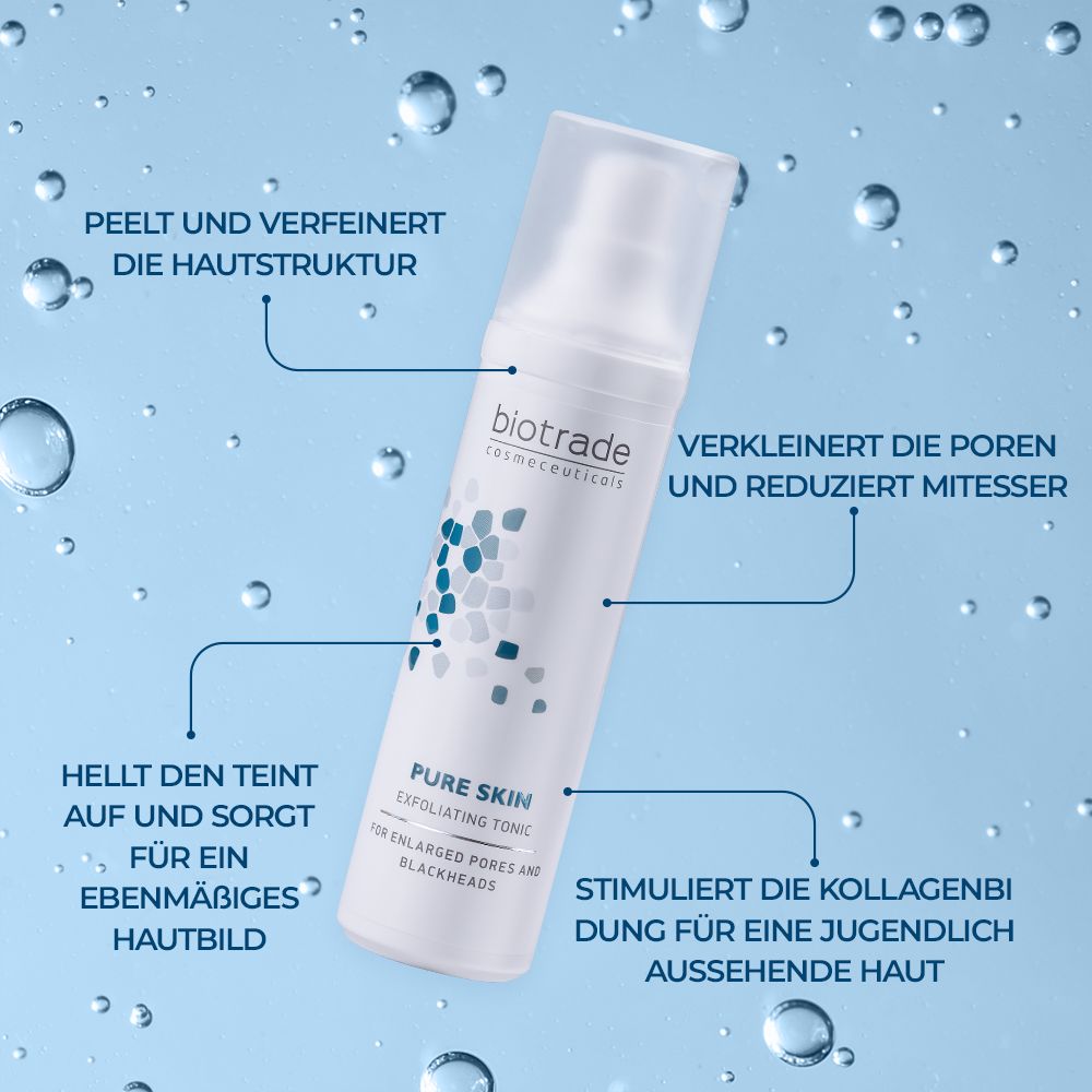 Flacon blanc Pure Skin Exfoliating Tonic. Texte: Exfolie, affine, éclaircit, réduit les points noirs, réduit les pores. Marque Biotrade.