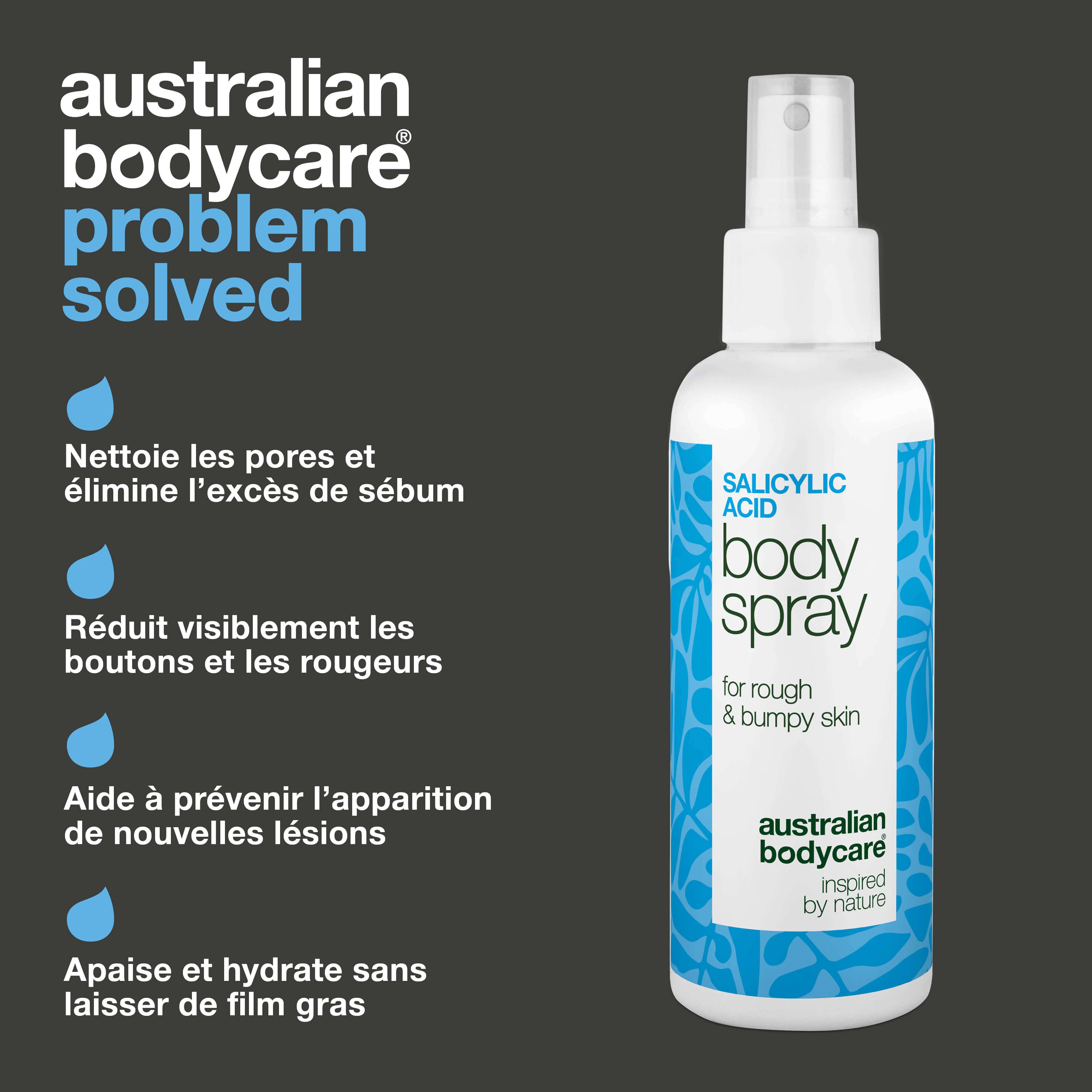 Flacon spray avec texte : Salicylic Acid Body Spray. Texte : Nettoie les pores, réduit les boutons. Marque : Australian Bodycare.