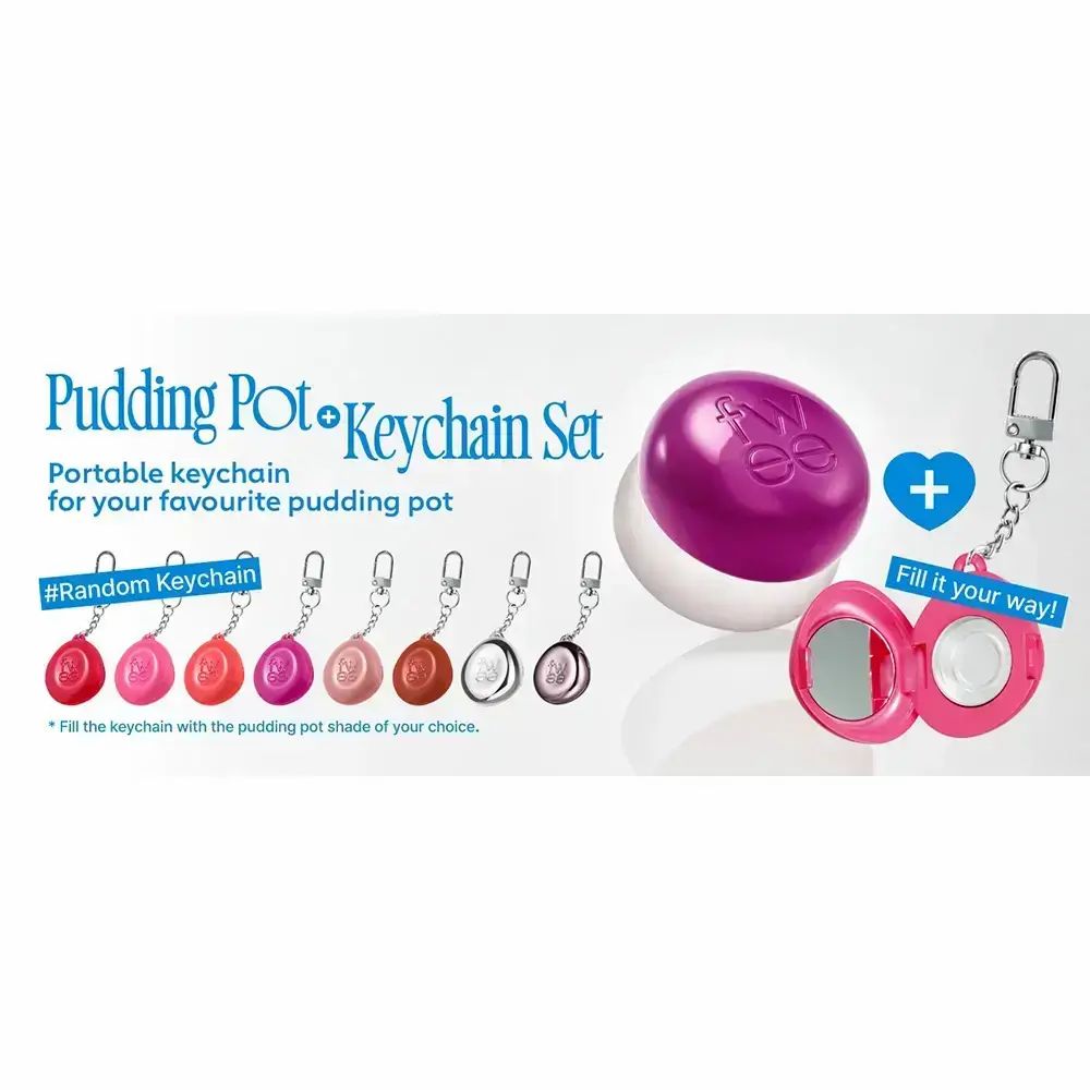 Pudding Pot + sleutelhanger set. Verschillende sleutelhangerkleuren. Roze product met spiegel. Tekst: Fill it your way!