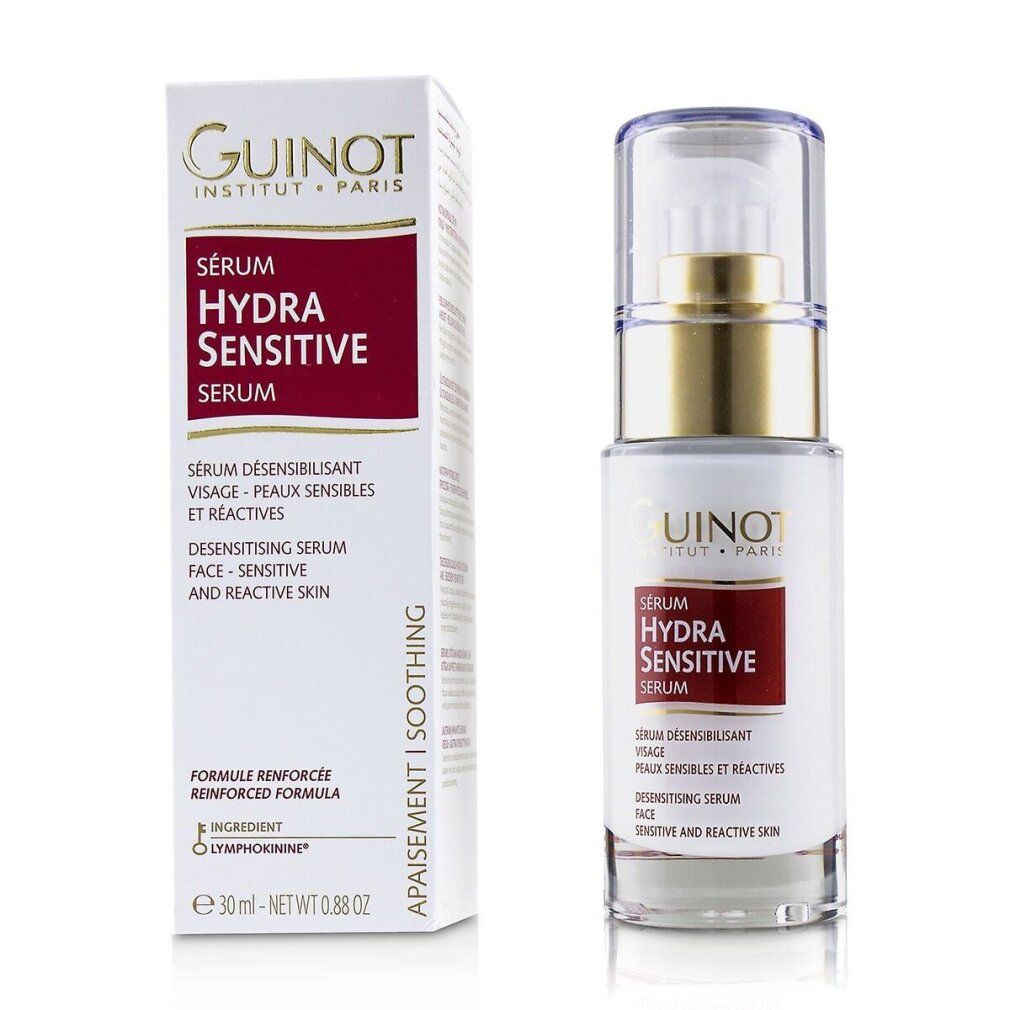 Serumfles en doos. Fles: wit, goudkleurig, transparant. Rode sticker met tekst: Hydra Sensitive Serum. Doos: wit, rood.
