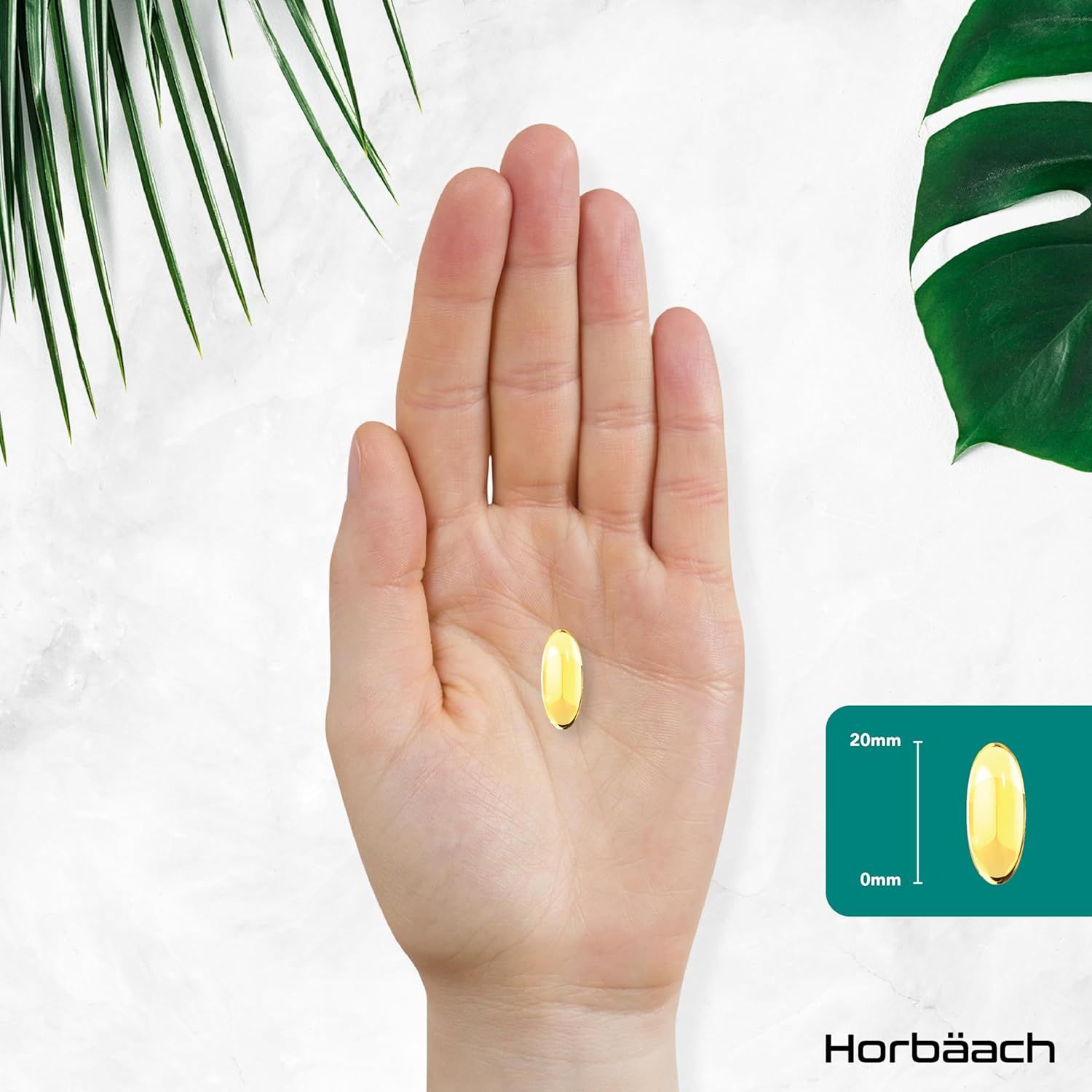 Een capsule in een hand. Afmetingen: 20mm lang. Merk: Horbaach.