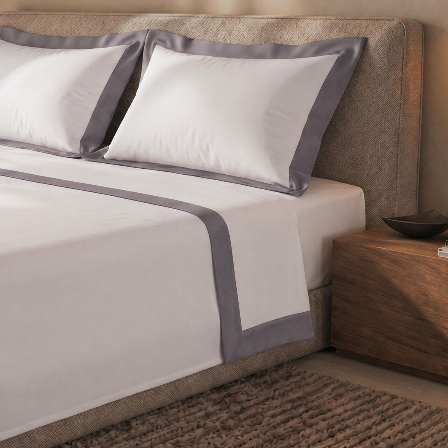 The White Stone Lakenset Eenpersoons 100% Katoen met Decoratieve Satijnen Rand Donkergrijs