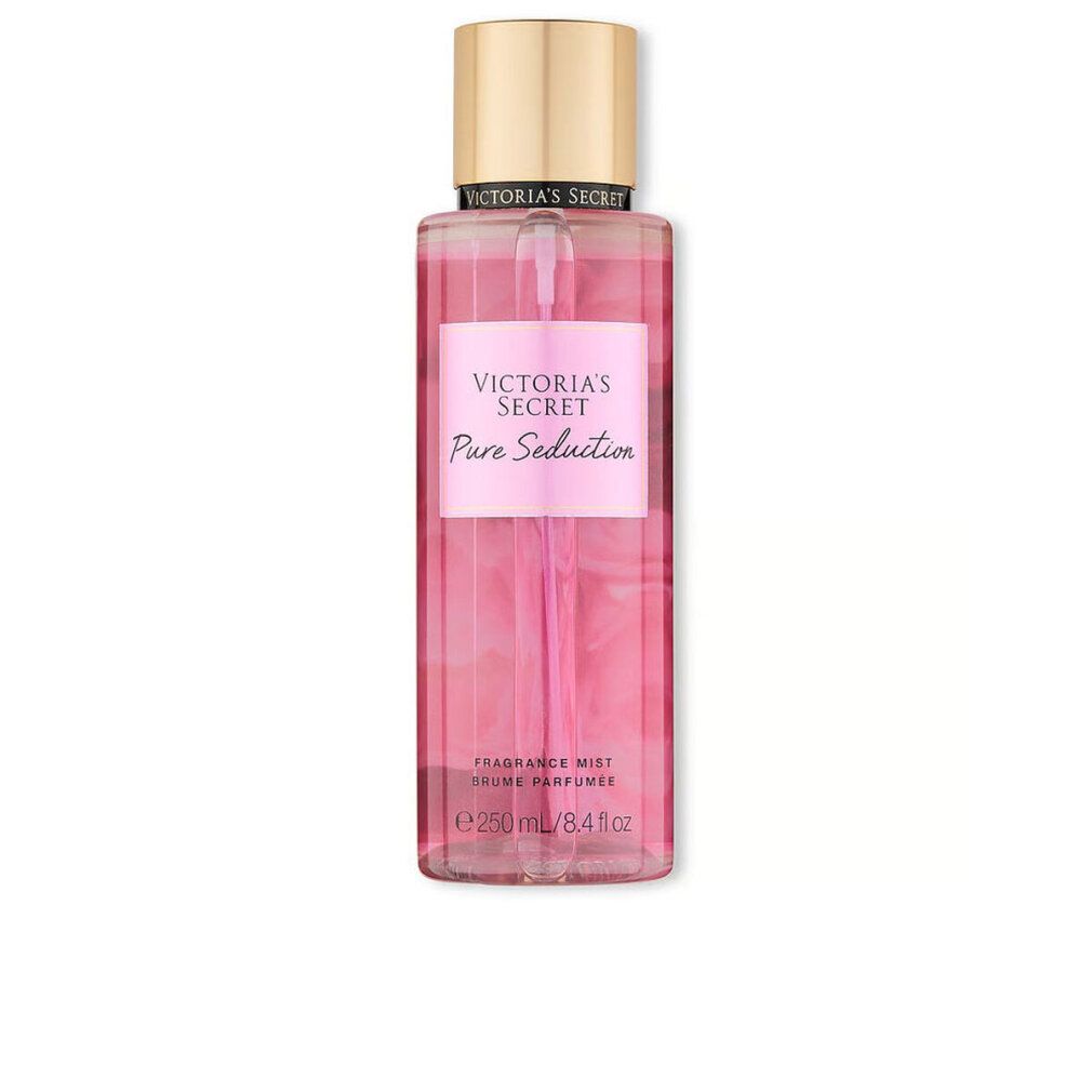 Roze bodysprayfles met gouden dop. Opschrift: Victoria's Secret, Pure Seduction. 250 ml/8.4 fl oz.