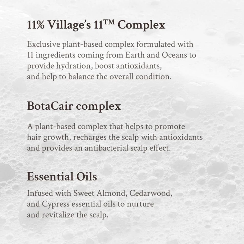 Texte décrivant les ingrédients : 11% Village's 11TM Complex, BotaCair complex, et huiles essentielles. Descriptions des ingrédients.