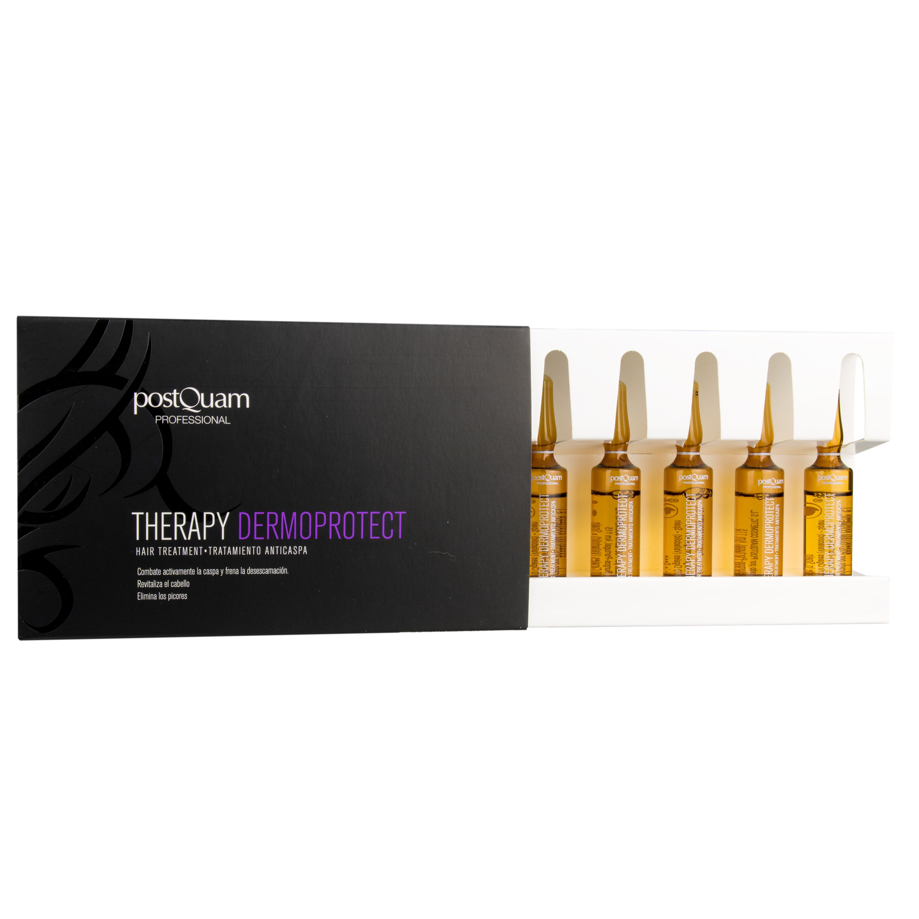 Boîte noire avec ampoules. Texte: THERAPY DERMOPROTECT. Marque: PostQuam Professional. Six ampoules dans un support.