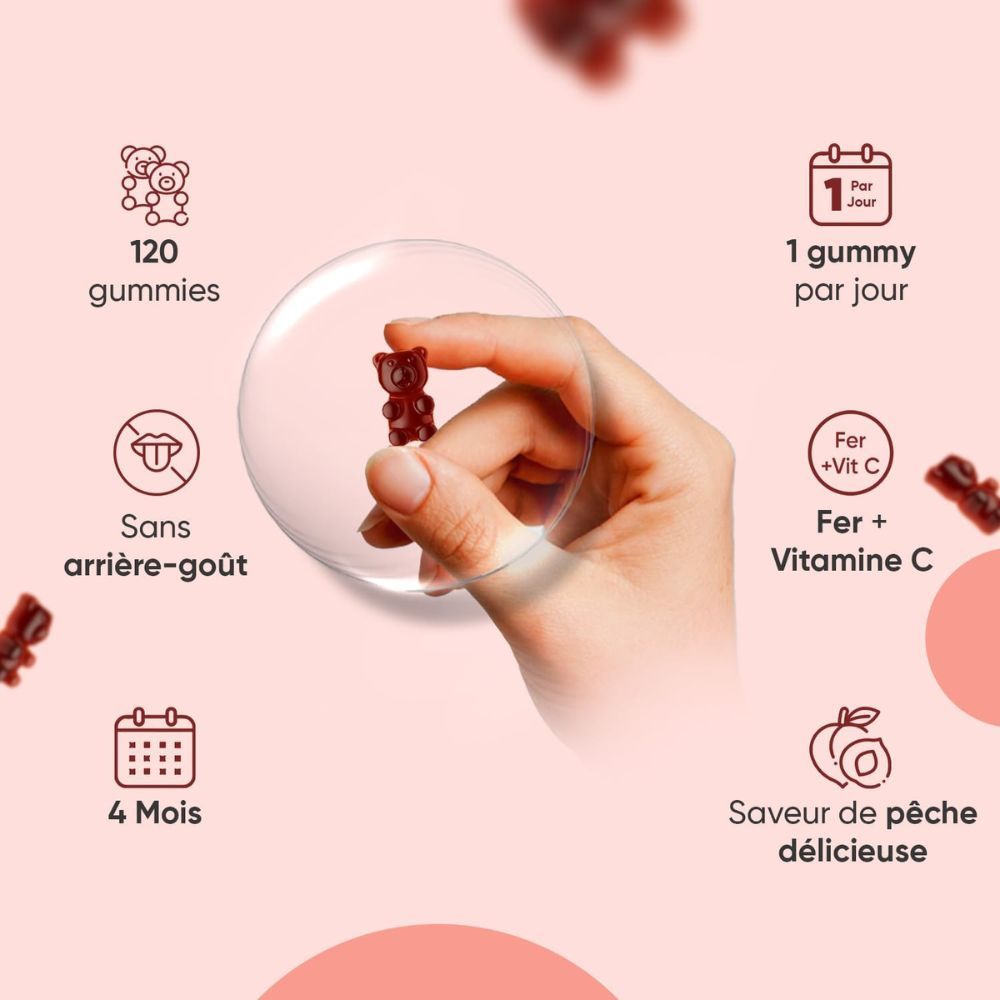 WeightWorld Gummies Fer & Vitamine C. Une bouteille, des pêches et des oursons en gélatine sont représentés.