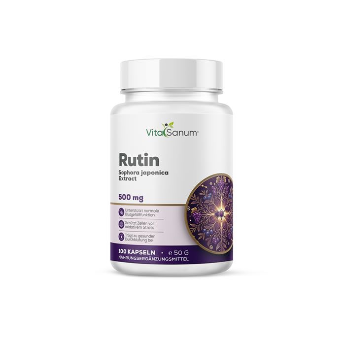 Flacon blanc VitaSanum Rutin. Inscription : Rutin, Sophora japonica Extract, 500 mg. Design violet et or.