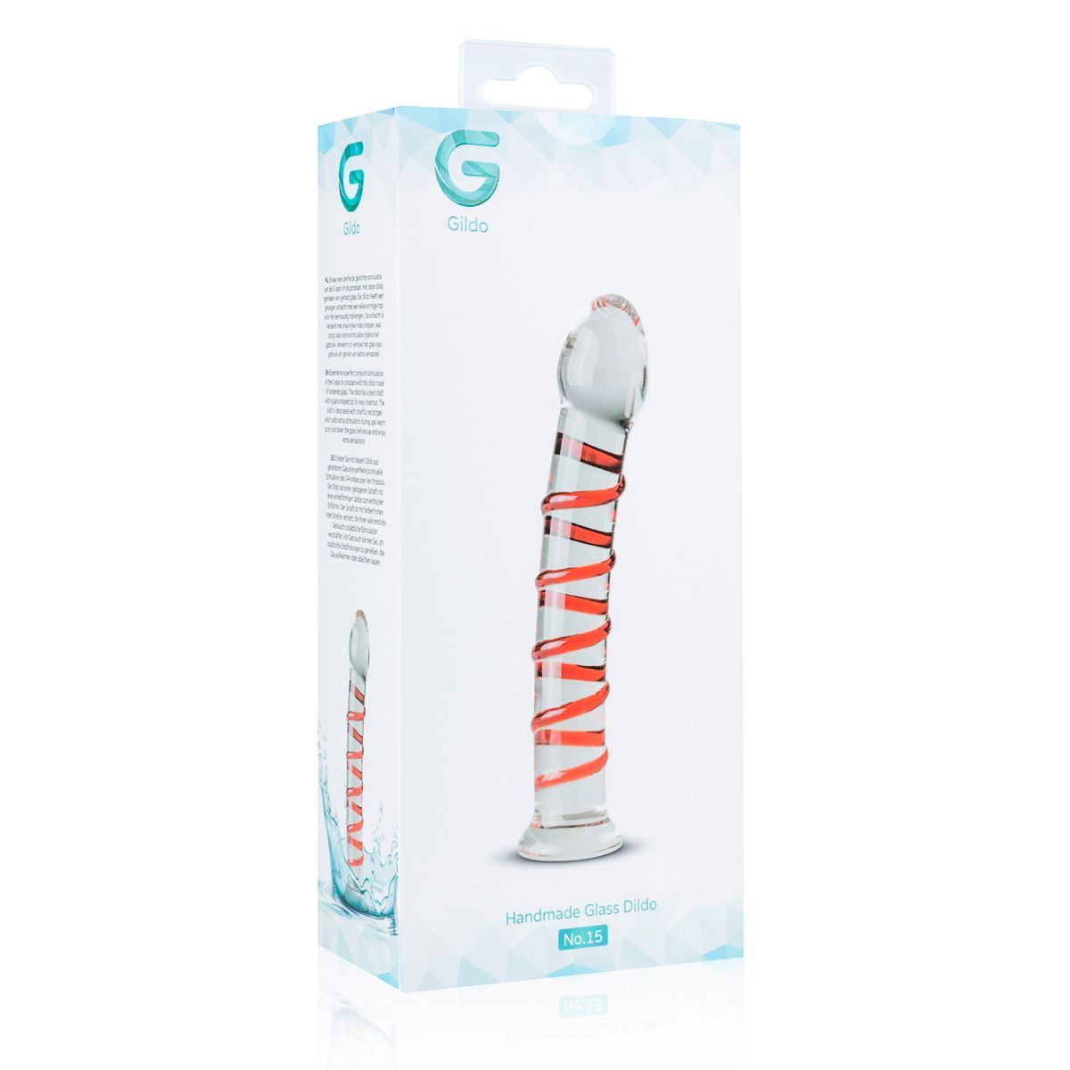 Verpakking van glazen dildo No. 15. Witte doos met productafbeelding en logo. Tekst: Handmade Glass Dildo No. 15.