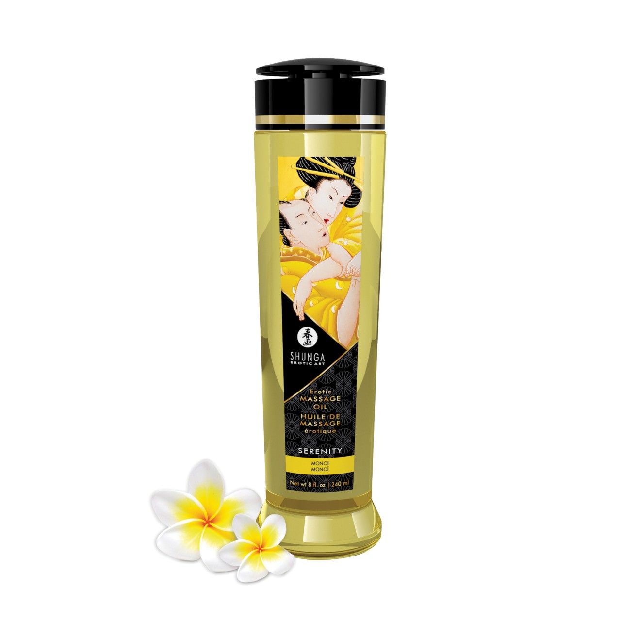 Shunga Massageolie Serenity Monoi in een doorzichtige fles met zwarte dop. Voorkant met Aziatisch motief en productinformatie.