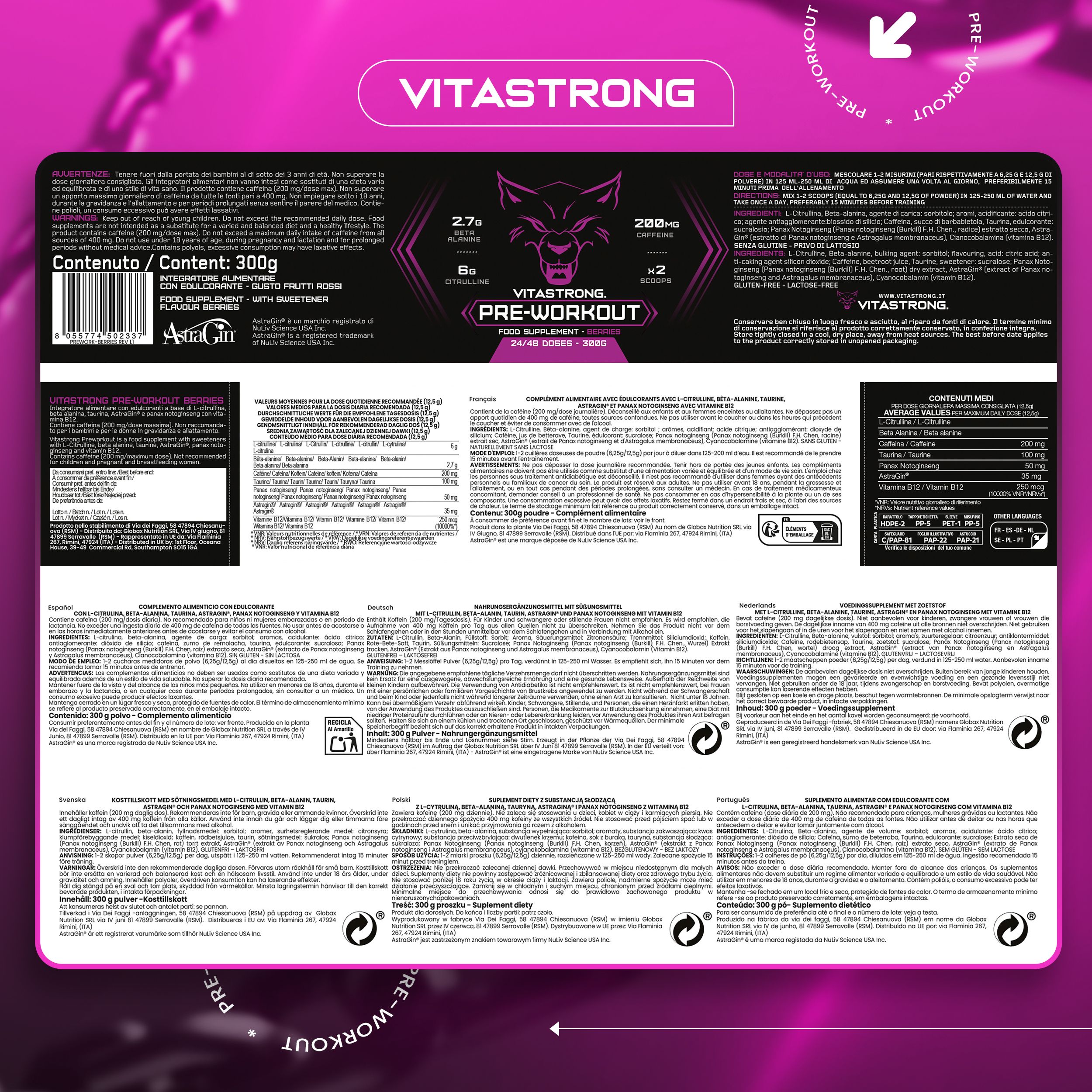 Verpakking Vitastrong Pre-Workout, Beeren, 300g. Tekst en voedingswaarde. Wolf logo en roze.