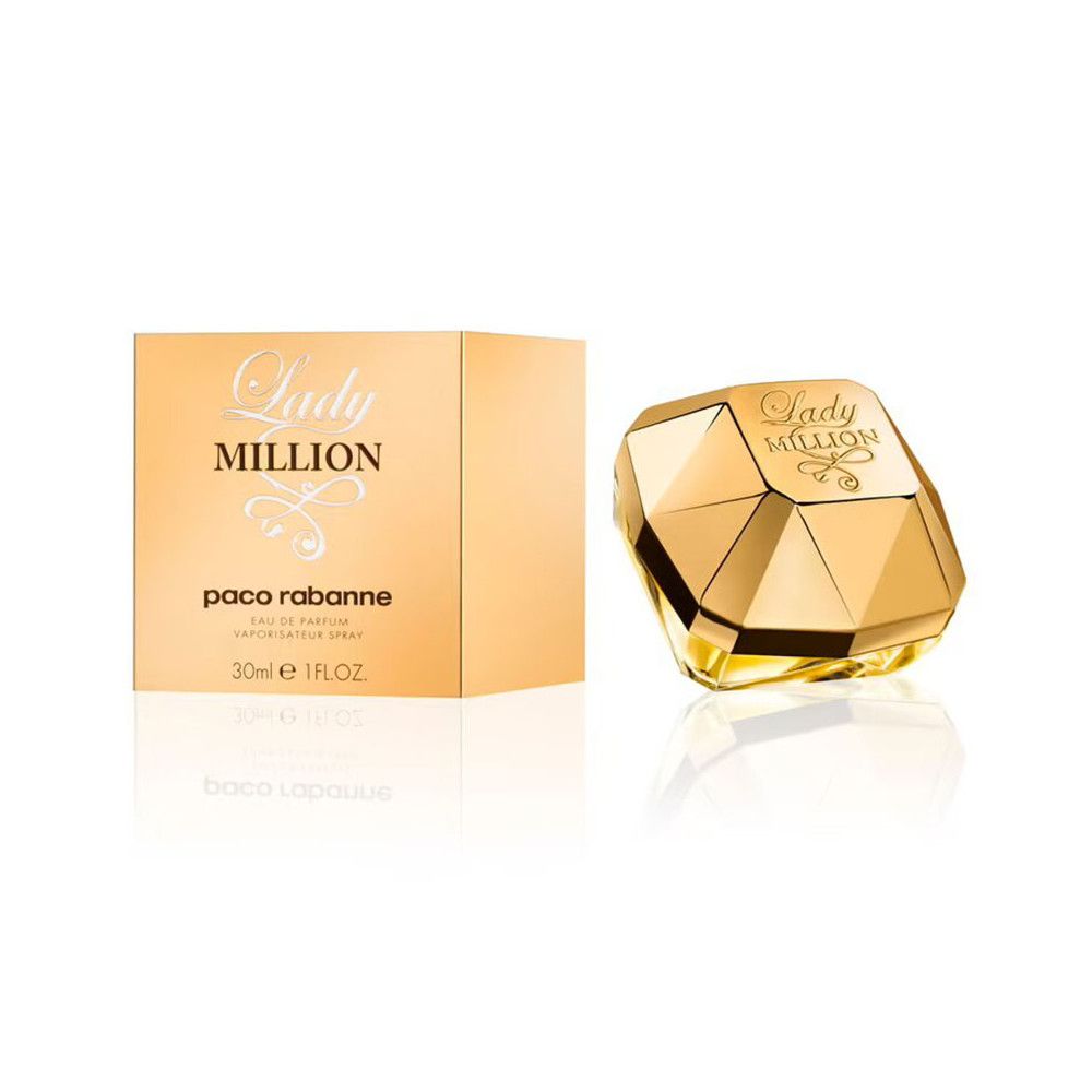 Flacon et boîte dorés. Inscription "Lady Million" et "paco rabanne". 30ml.