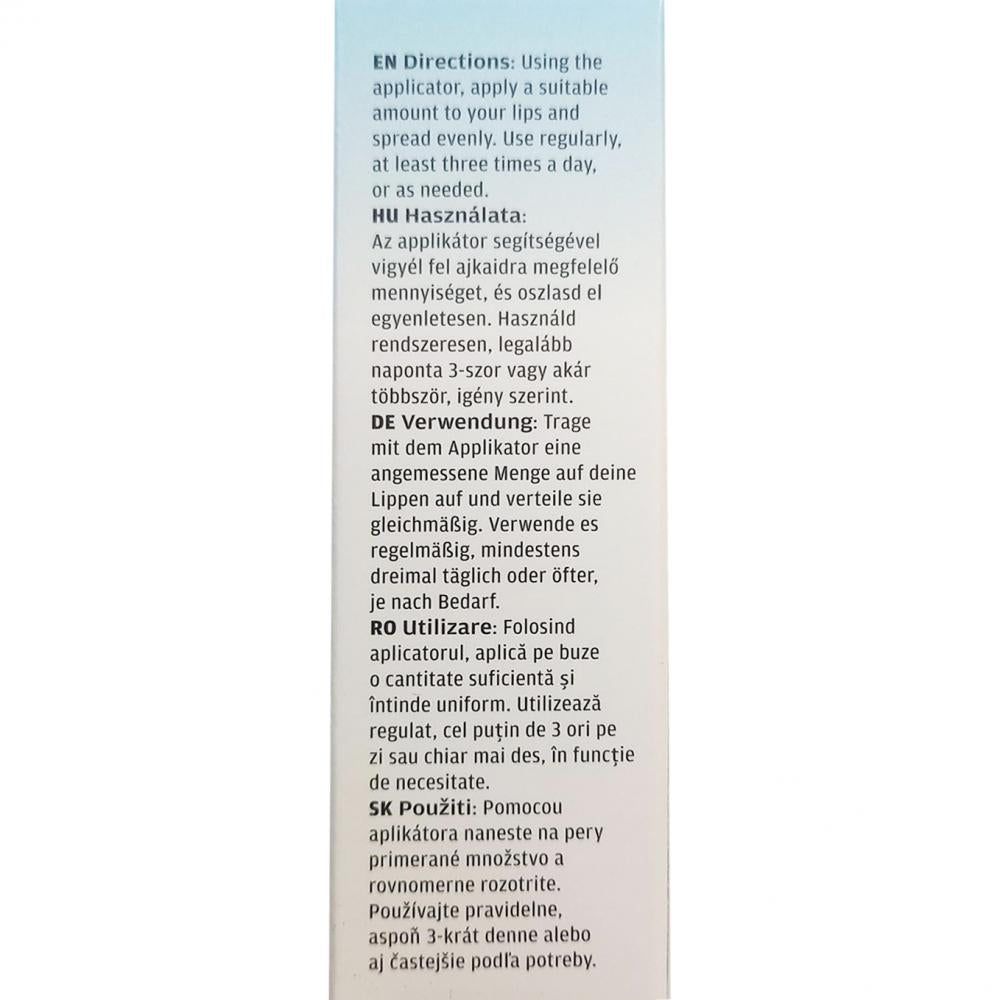 Achterkant van de ELYN'S LAB Lip Hack verpakking met meertalige gebruiksinstructies.