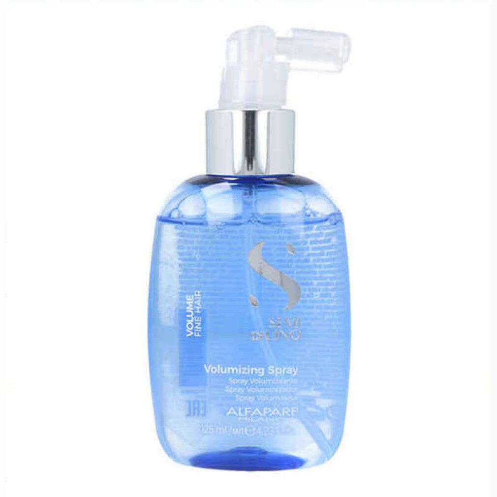Flacon bleu avec pompe. Inscription : Semi di Lino Volumizing Spray.