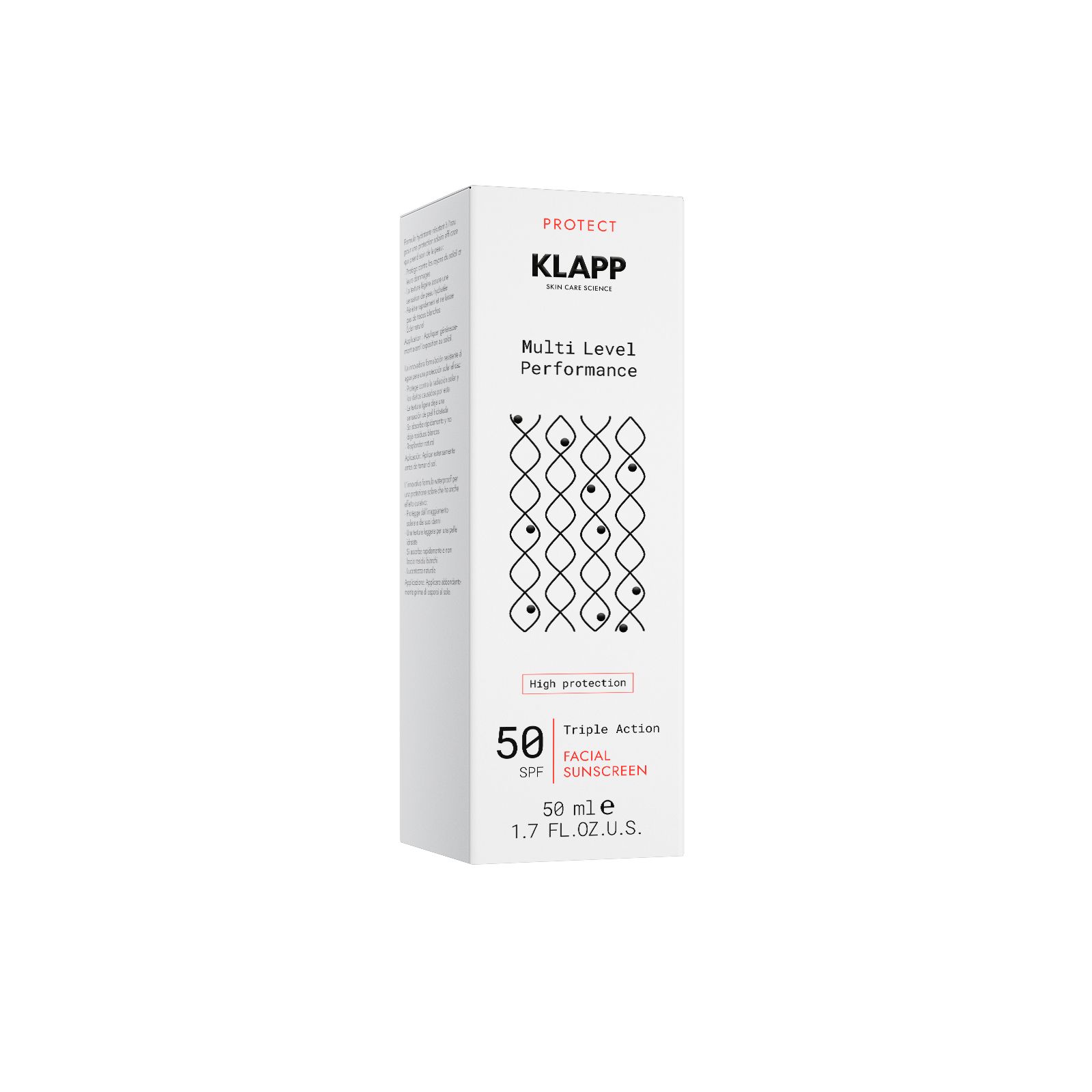 Witte doos met productinformatie. Klapp-logo, SPF 50, Triple Action Facial Sunscreen.