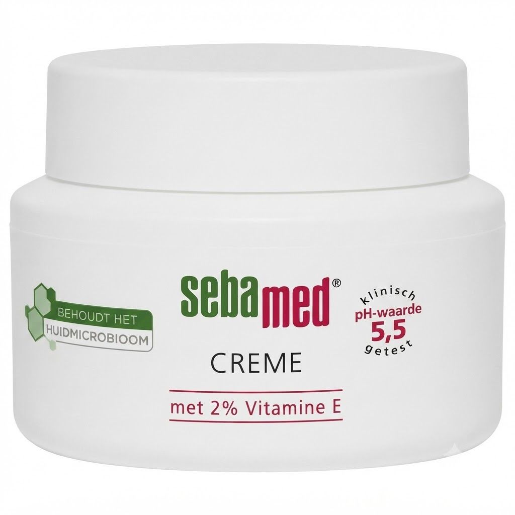 Sebamed Crème Vitamine E: Pot met etiket, pH-waarde 5,5, getest.