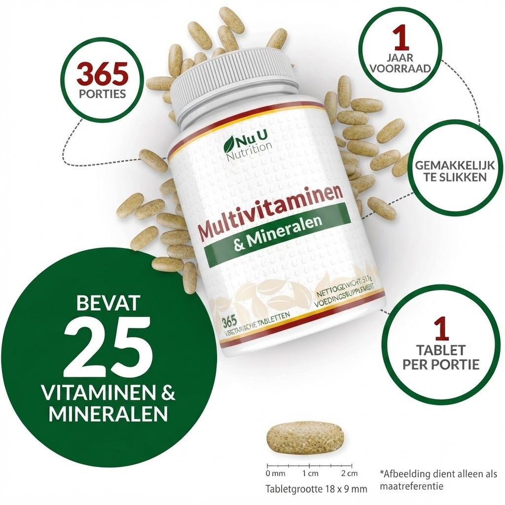 Fles Multivitaminen & Mineralen met 365 porties, bevat 25 vitaminen & mineralen. Tabletgrootte 18x9mm.