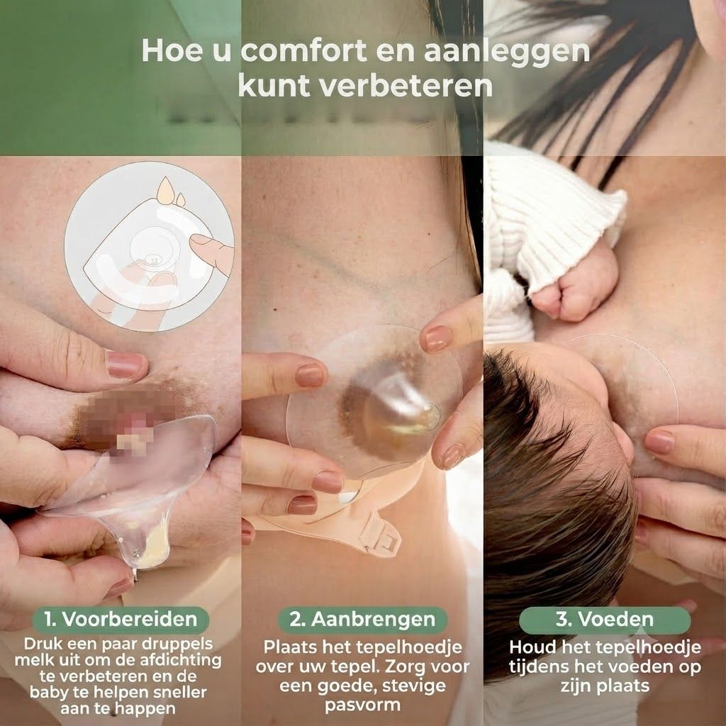 Instructies voor het gebruik van een borstvoedingshulp: voorbereiden, aanbrengen en voeden.