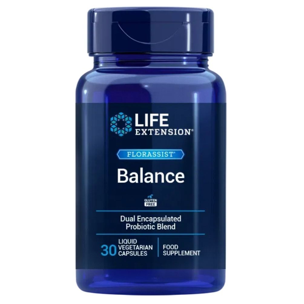 Life Extension Florassist Balance probiotica capsules in blauwe container.