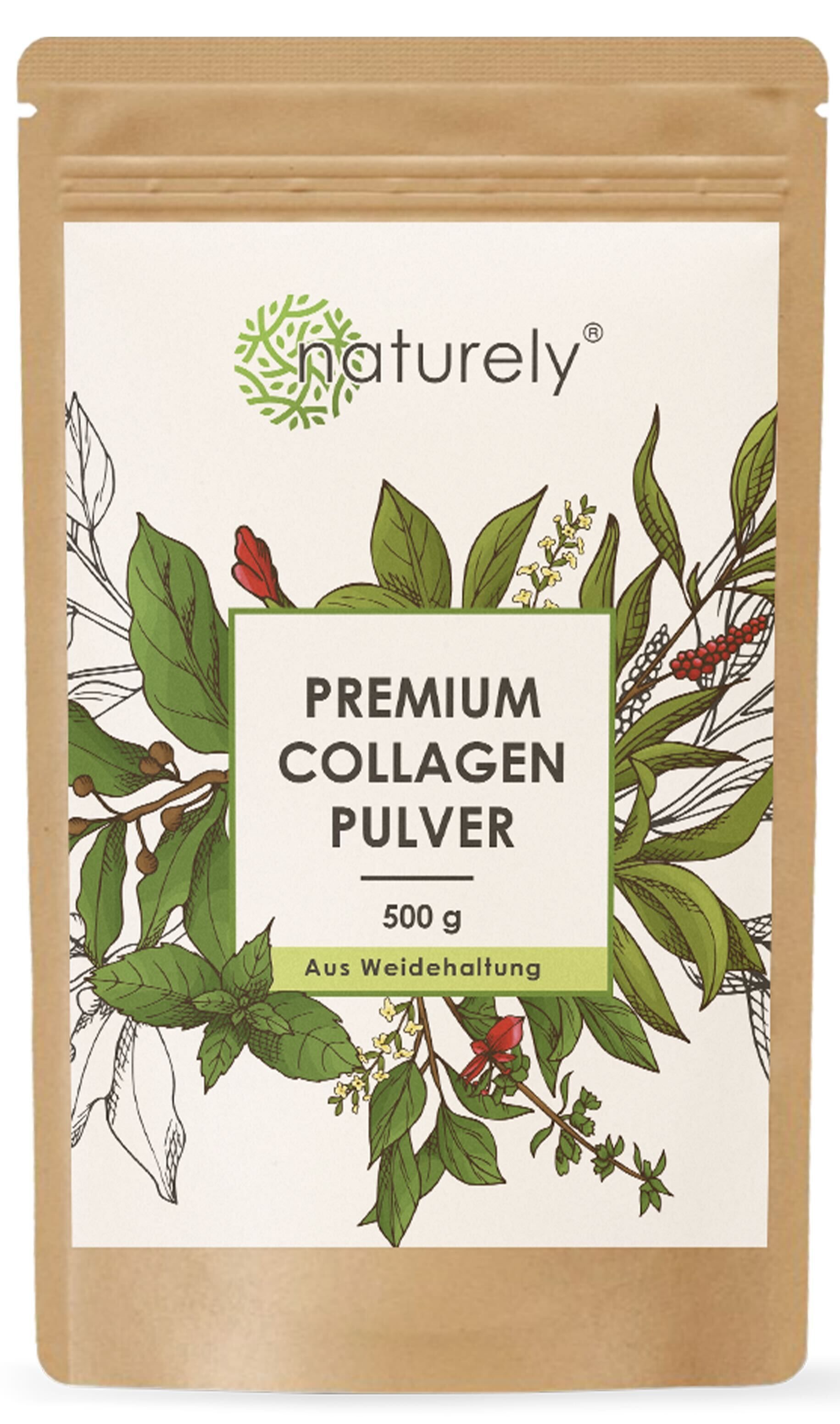 Sachet brun avec étiquette blanche. Inscription : Naturely Premium Collagen Powder, 500 g. Illustrations de feuilles et de fleurs.