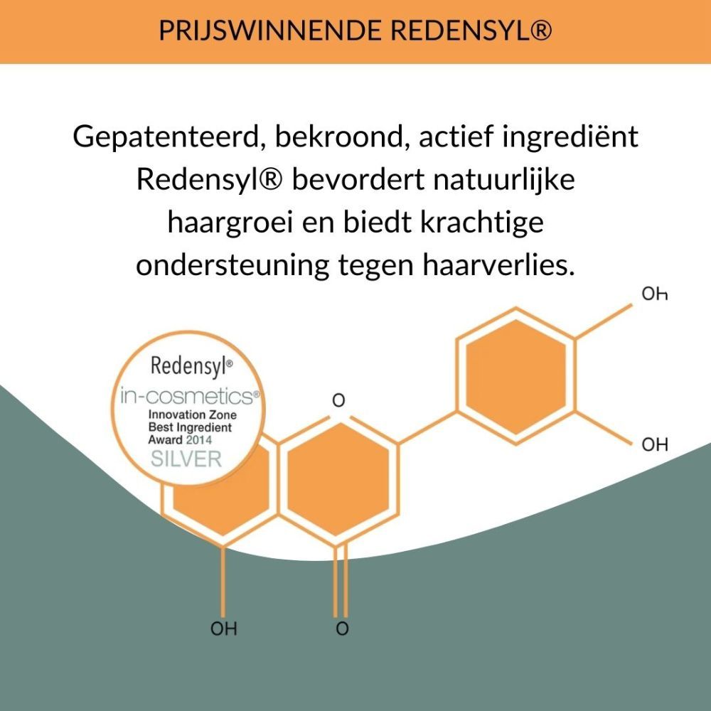 Diagram met tekst. Tekst: Bekroonde Redensyl. Bevordert natuurlijke haargroei.