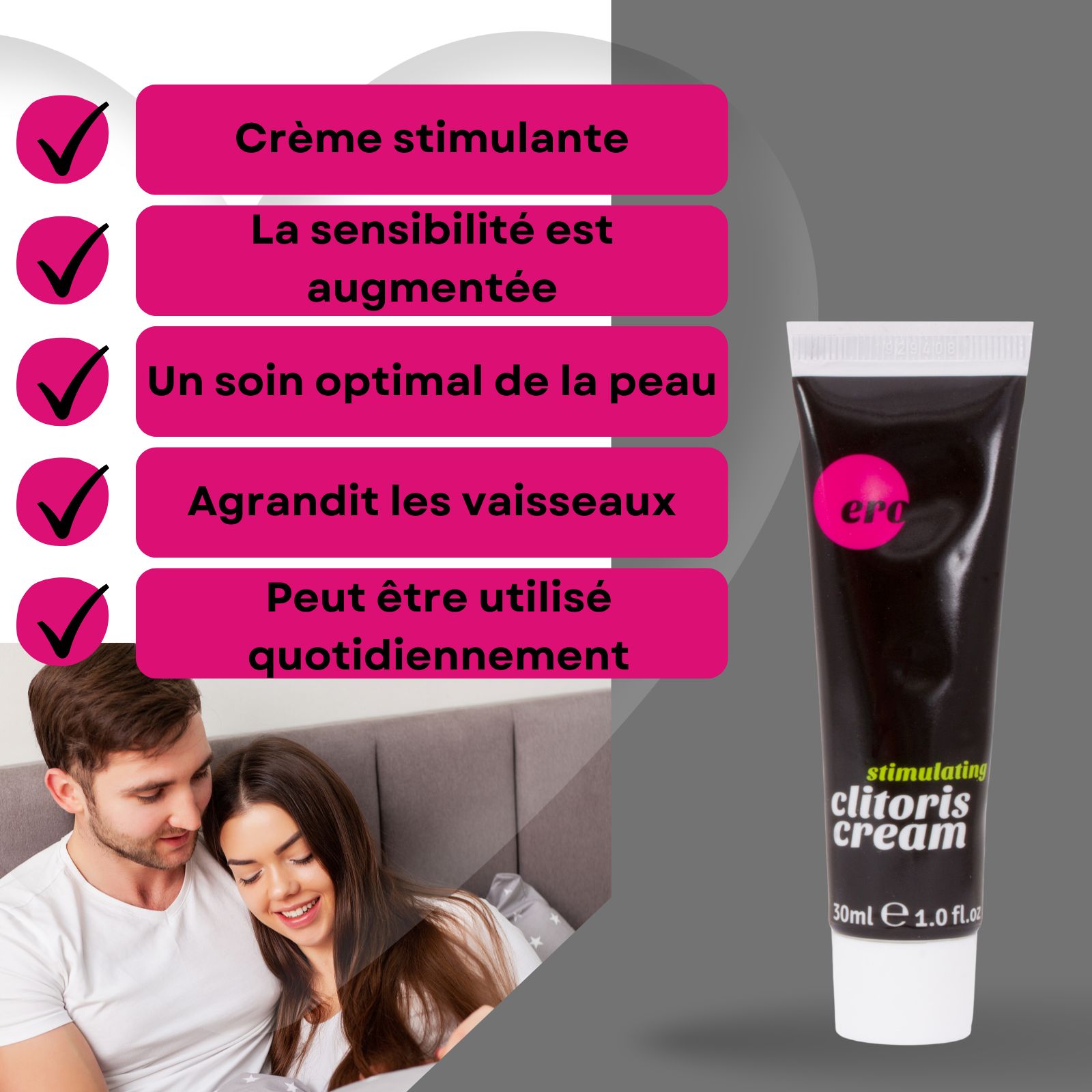 Couple au lit, tube de produit et texte. Texte: Crème stimulante, sensibilité accrue.