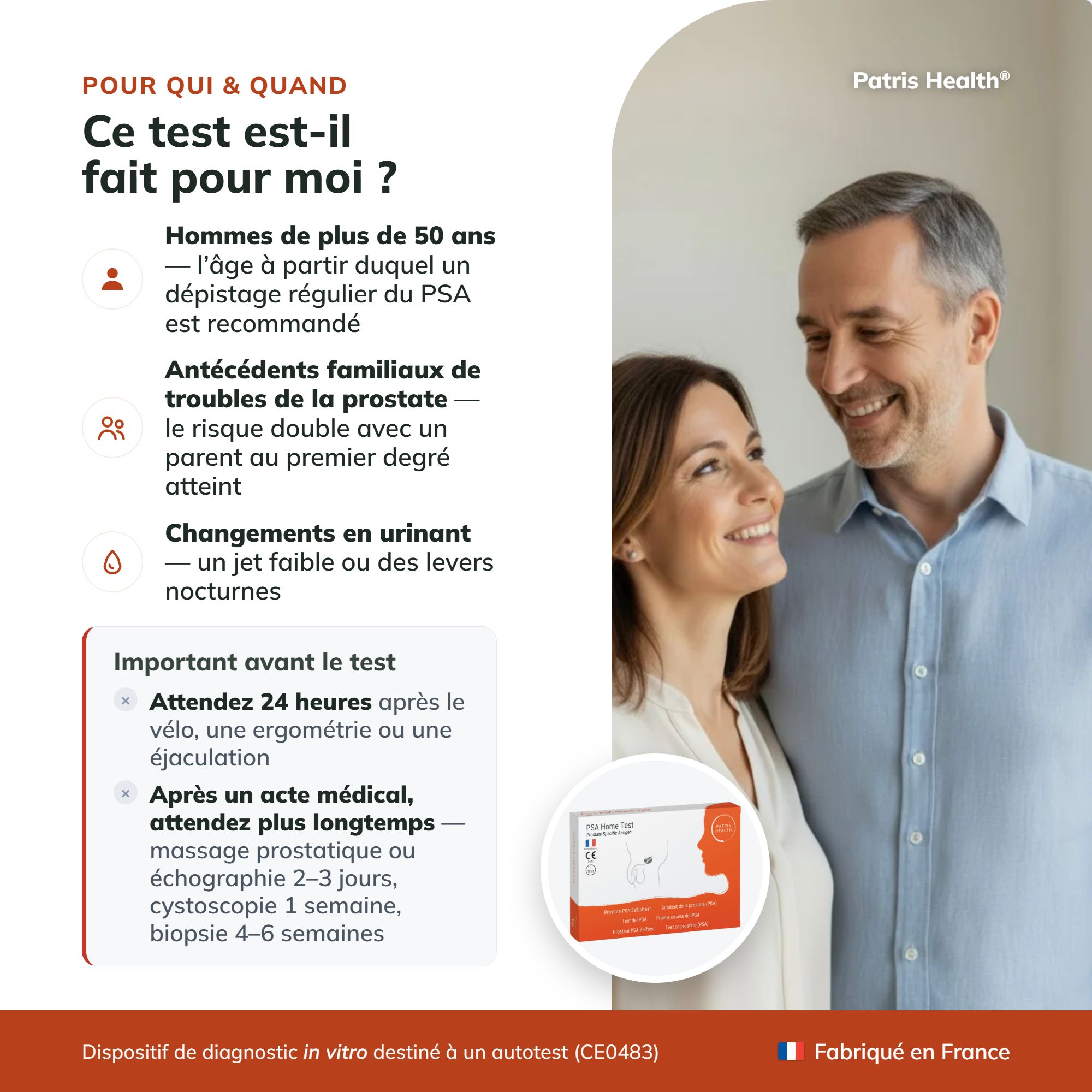 Contenu du kit de test PSA : appareil de test, diluant, pipettes, lancettes, lingette alcoolisée, instructions.