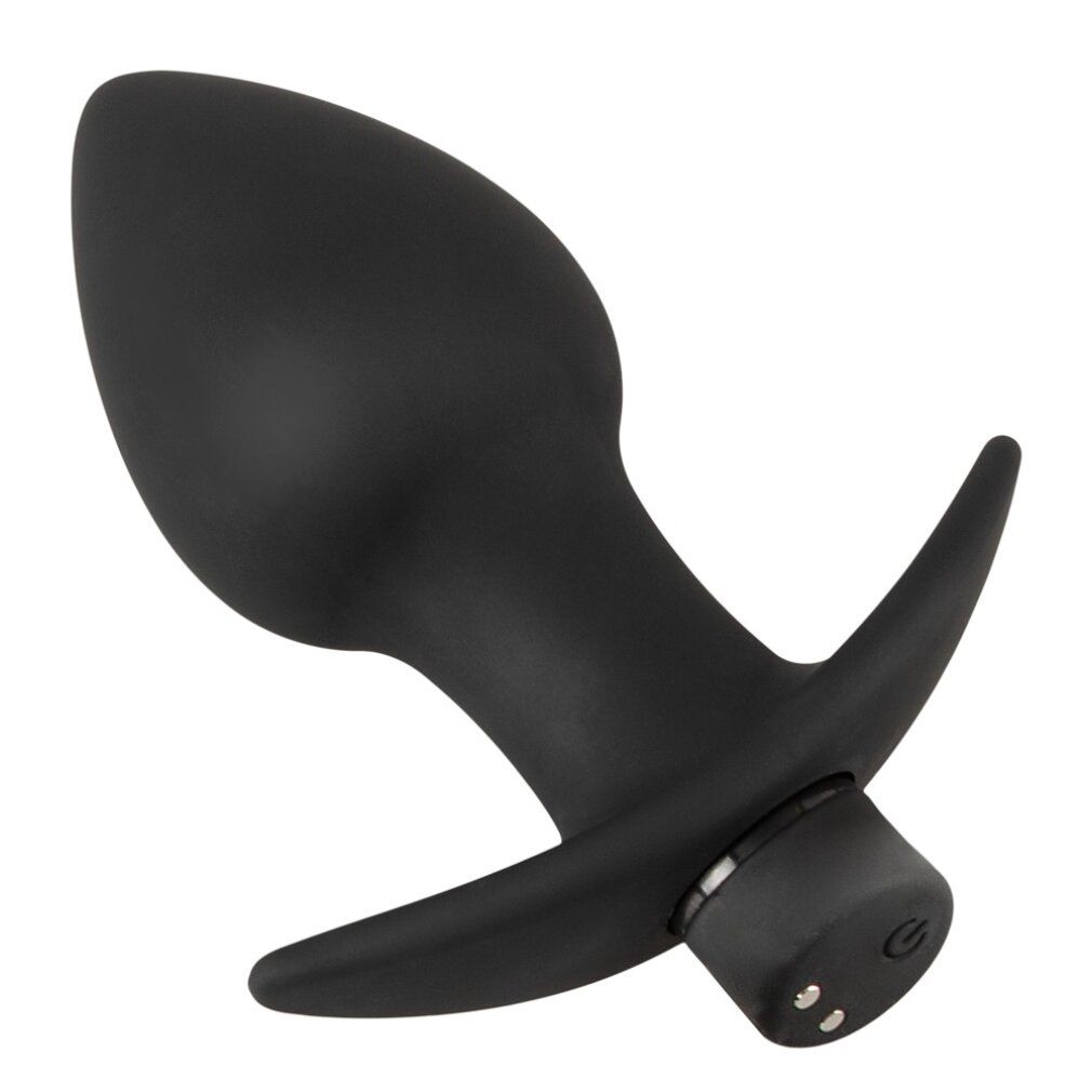 Gros plan d'un plug anal noir en silicone avec un bullet vibrant et un port de chargement.