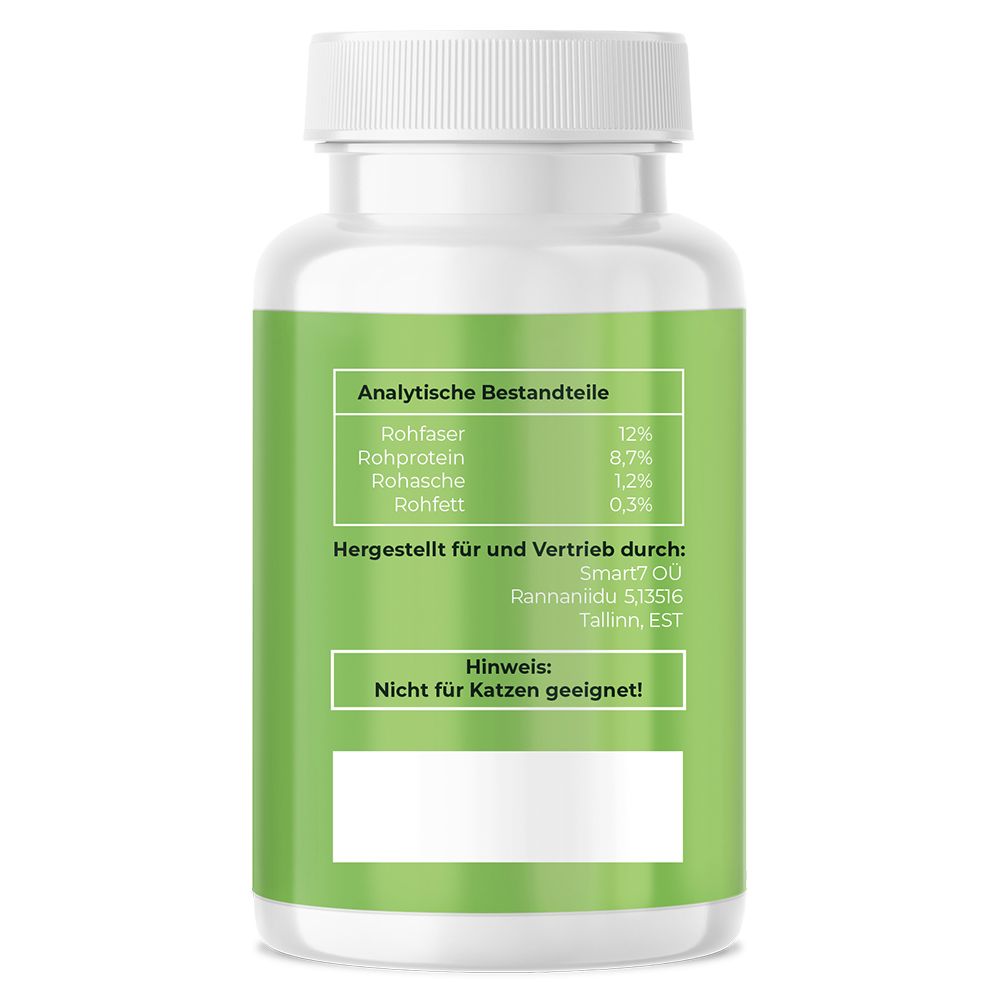 Witte fles met groen etiket. Tekst: Analytische bestanddelen, gemaakt voor Smart7 OU, Opmerking: Niet geschikt voor katten!
