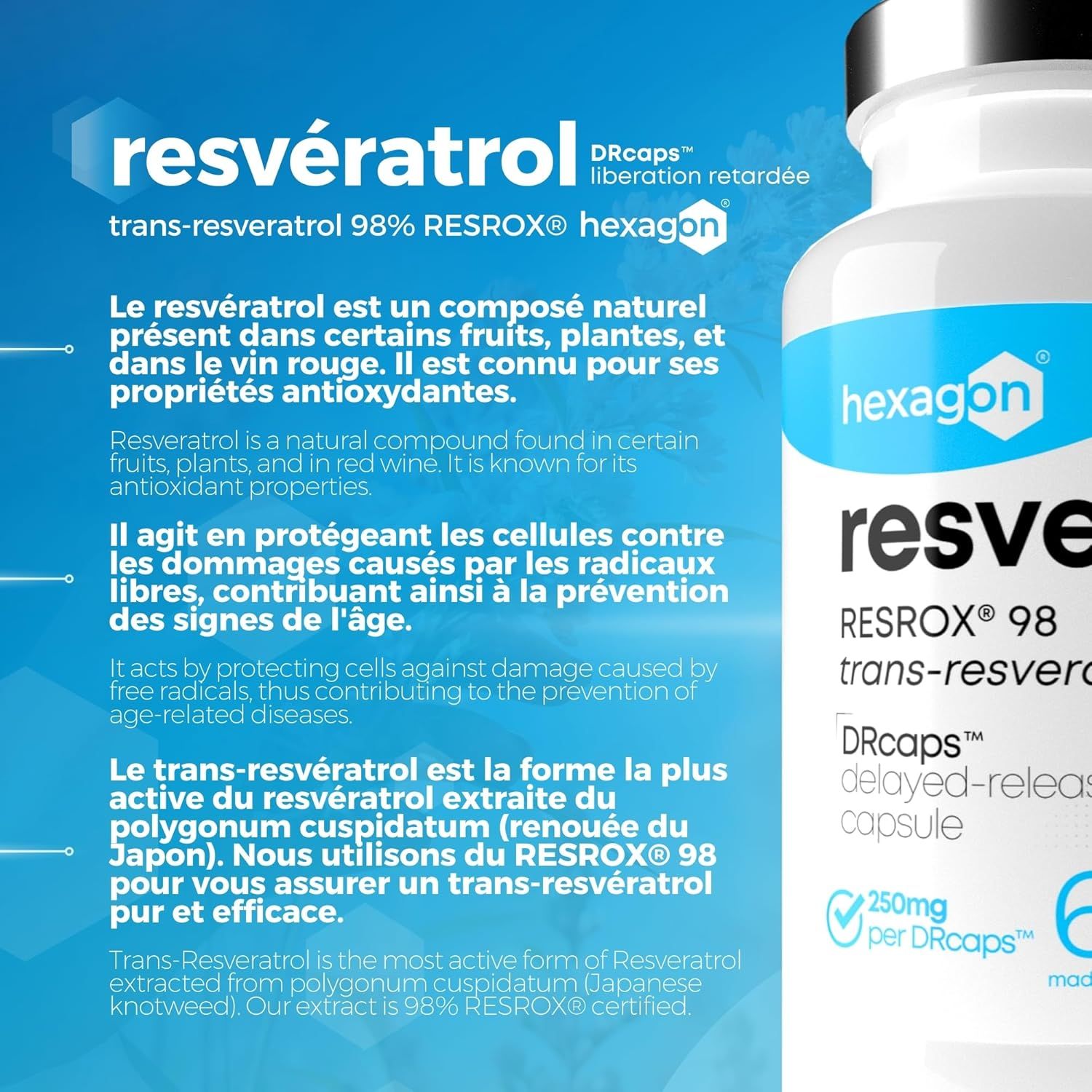 Capsule Hexagon Resveratrol: Trans-resvératrol 98% RESROX®, haute absorption.