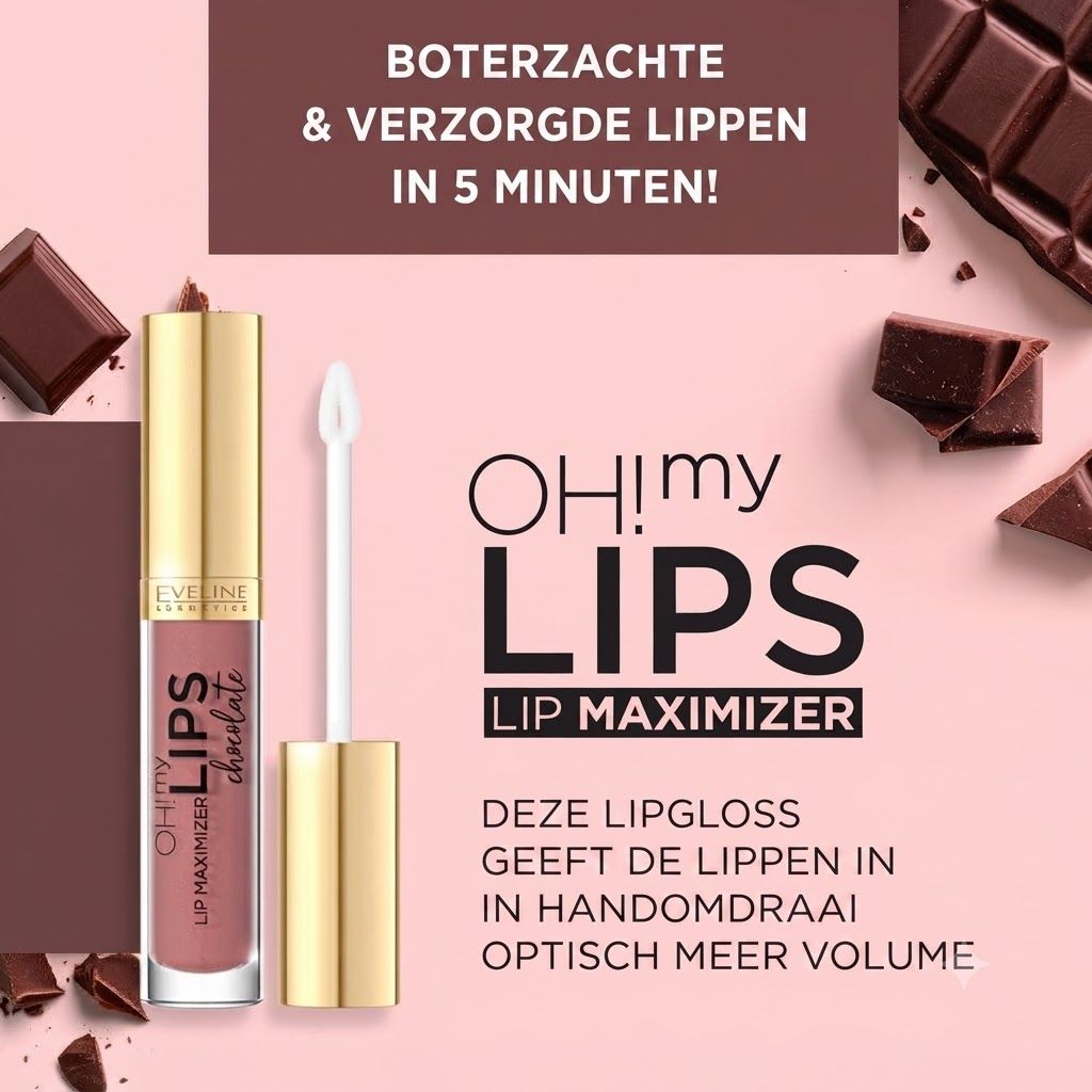 Een 'OH! my LIPS' Lip Maximizer product in chocoladekleur met gouden applicator.