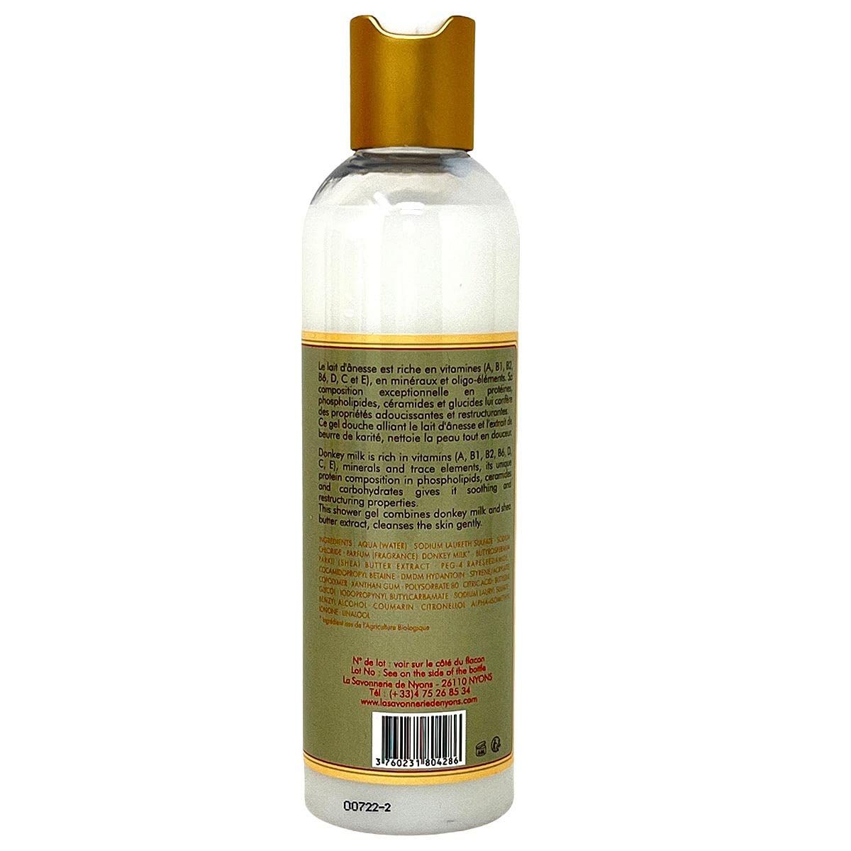 Dos d'un flacon de gel douche. Informations textuelles en français et anglais. Code-barres en bas.