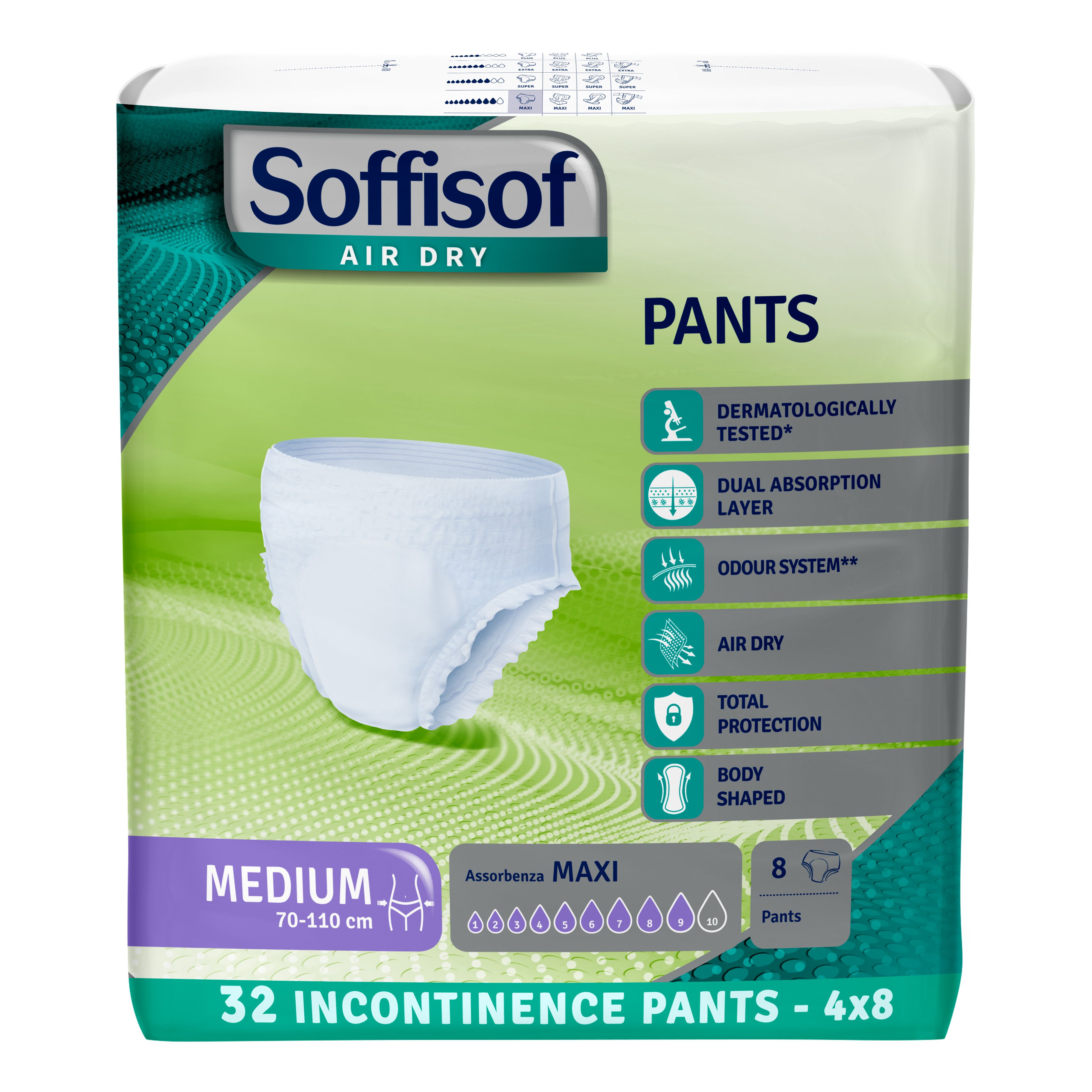 Soffisof Pants Maxi incontinentiebroekje. Wit broekje in verpakking. Maat Medium, 70-110 cm. 8 stuks.