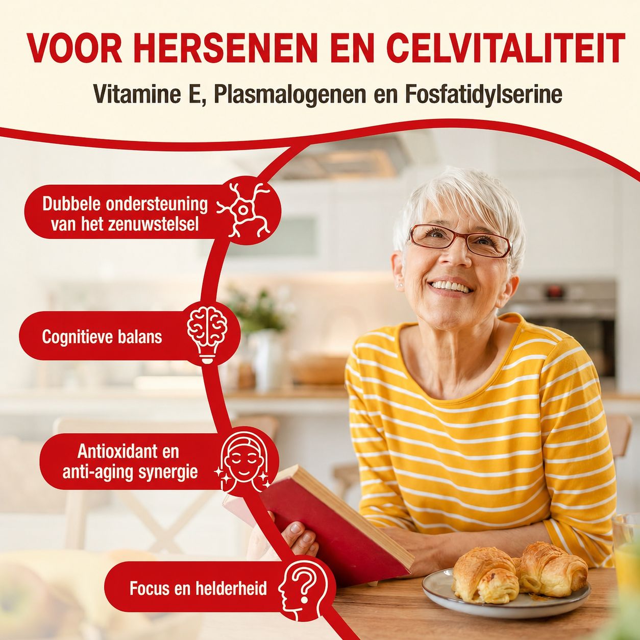 Oudere vrouw leest boek, met twee croissants ernaast. Rode infoboxen met tekst en iconen over hersenen en vitaliteit.