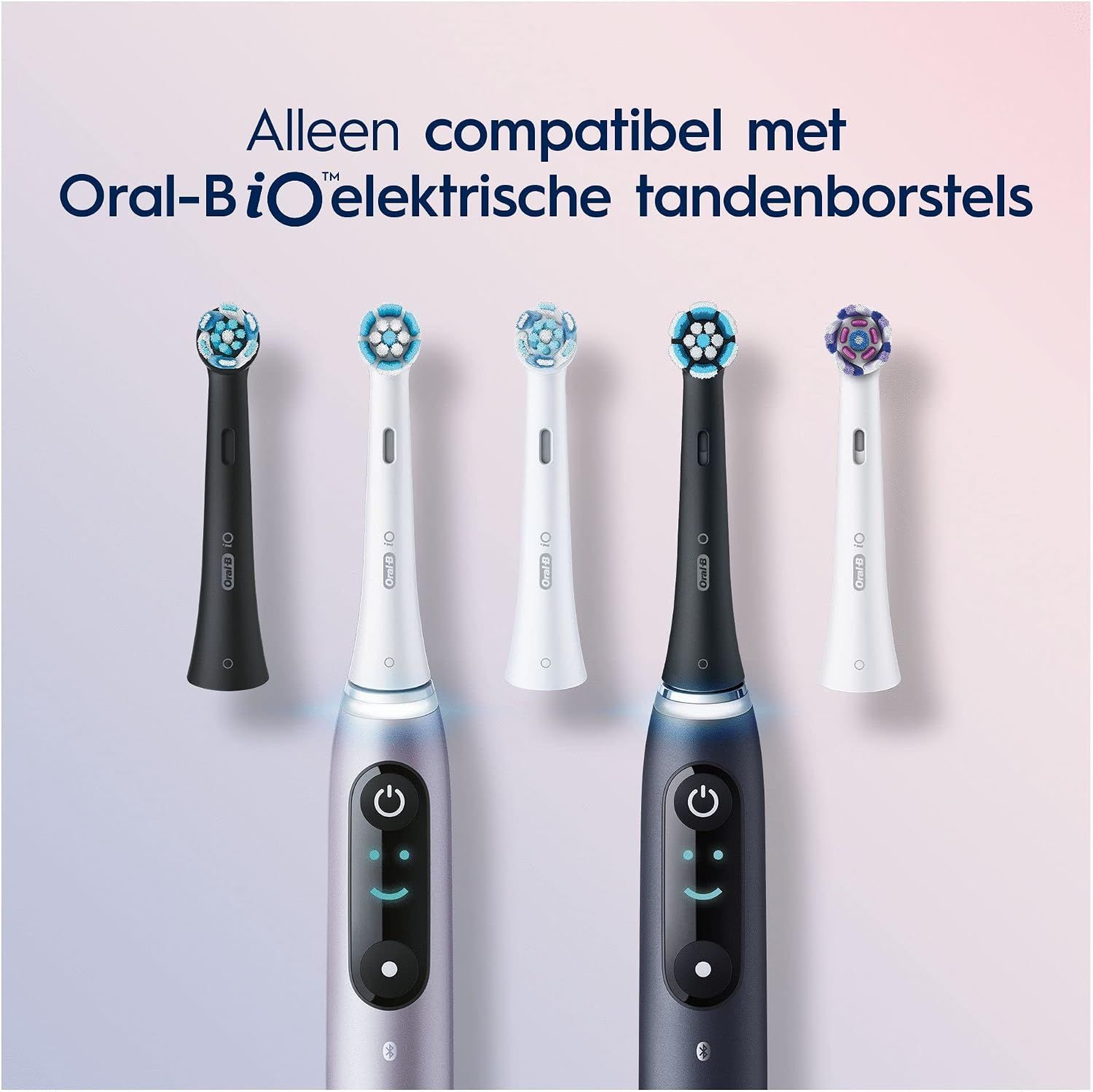 Oral-B iO opzetborstels in verschillende kleuren op iO tandenborstels.