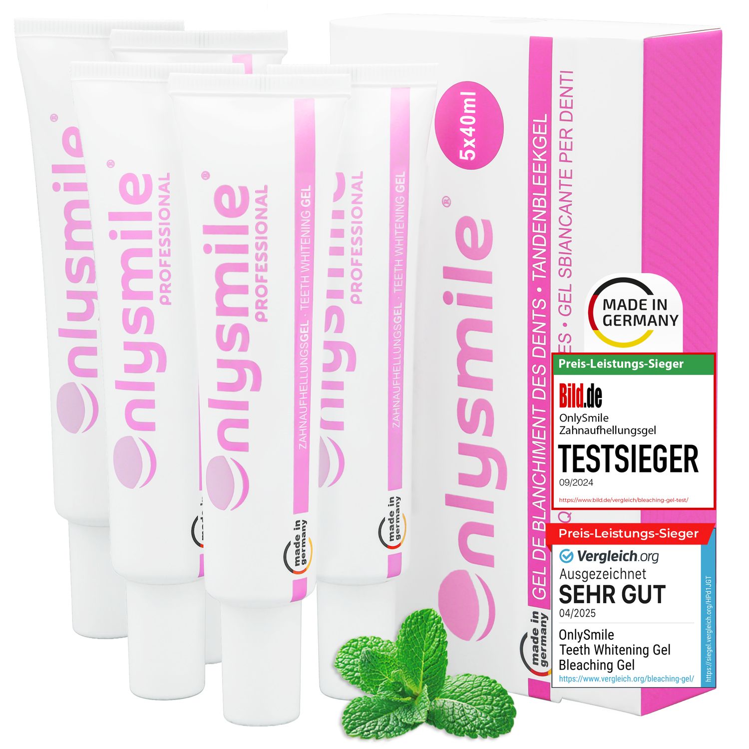 Tandbleekgel tubes, roze-wit, met productnaam. Verpakking met 5 tubes en onderscheidingen.