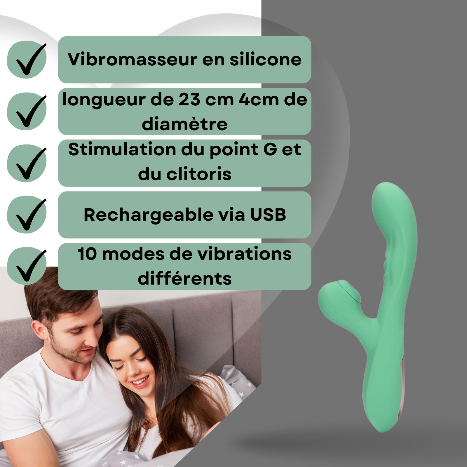 Vibrateur vert. Texte: Vibrateur en silicone, 23cm long, 4cm diamètre, rechargeable USB.