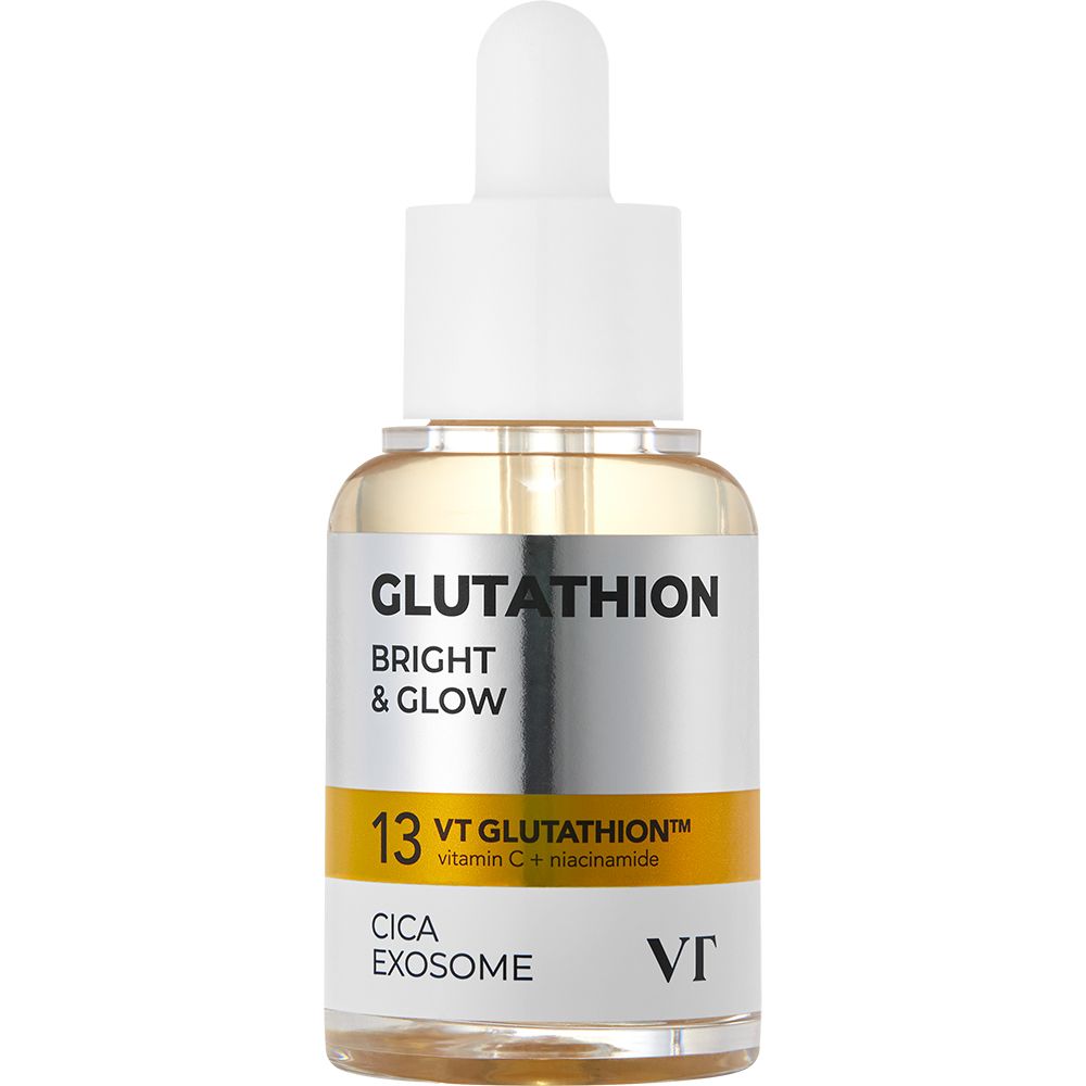 Glazen fles met pipet. Opschrift: Glutathion Bright & Glow, 13 VT Glutathion Cica Exosome. Witte dop.