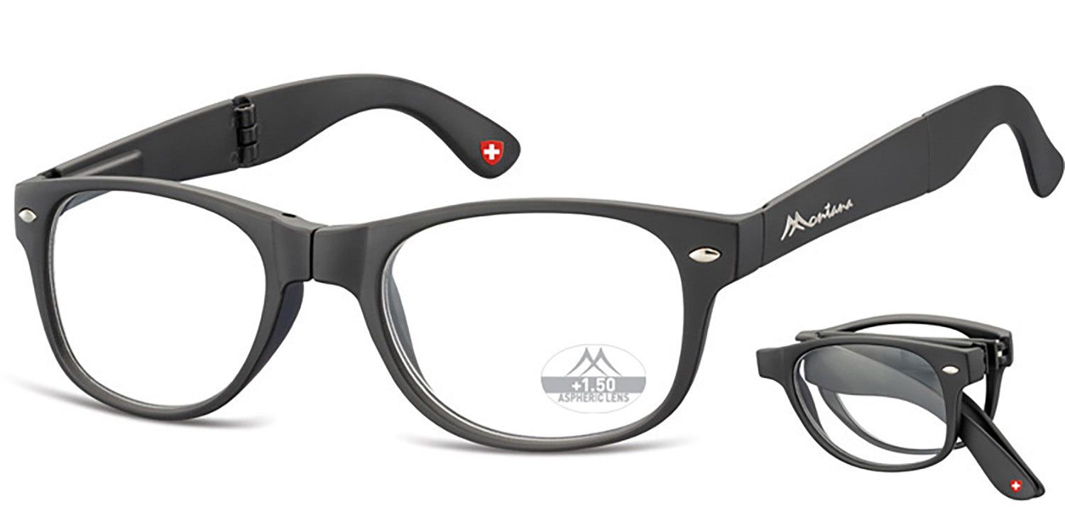 Lunettes de lecture grises pliées à côté de lunettes ouvertes. Logo Montana, croix suisse. +1.50 dioptries. Monture noire.