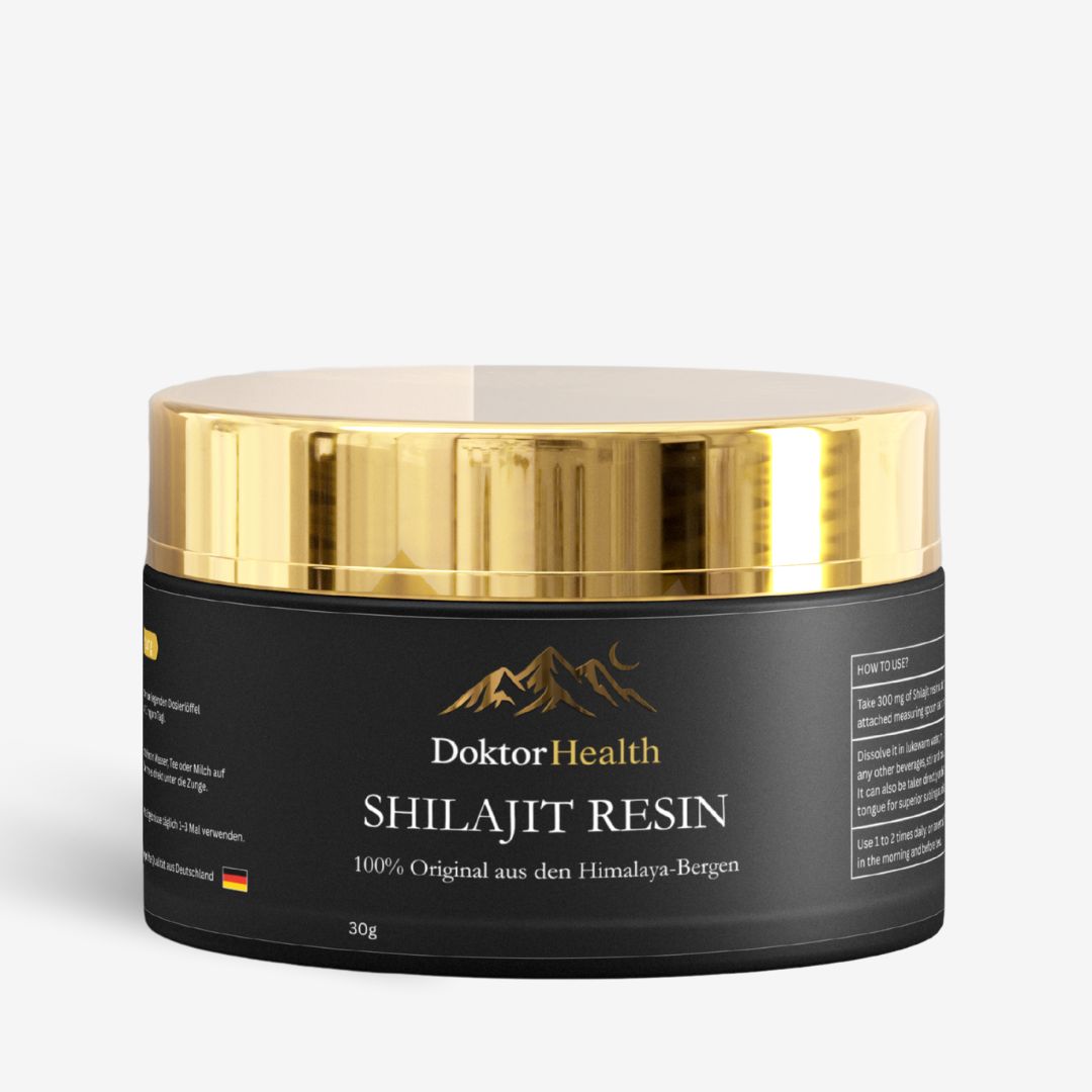 Zwarte pot met gouden deksel. Opschrift: Doktor Health Shilajit Resin. 100% Origineel uit de Himalaya. 30g.