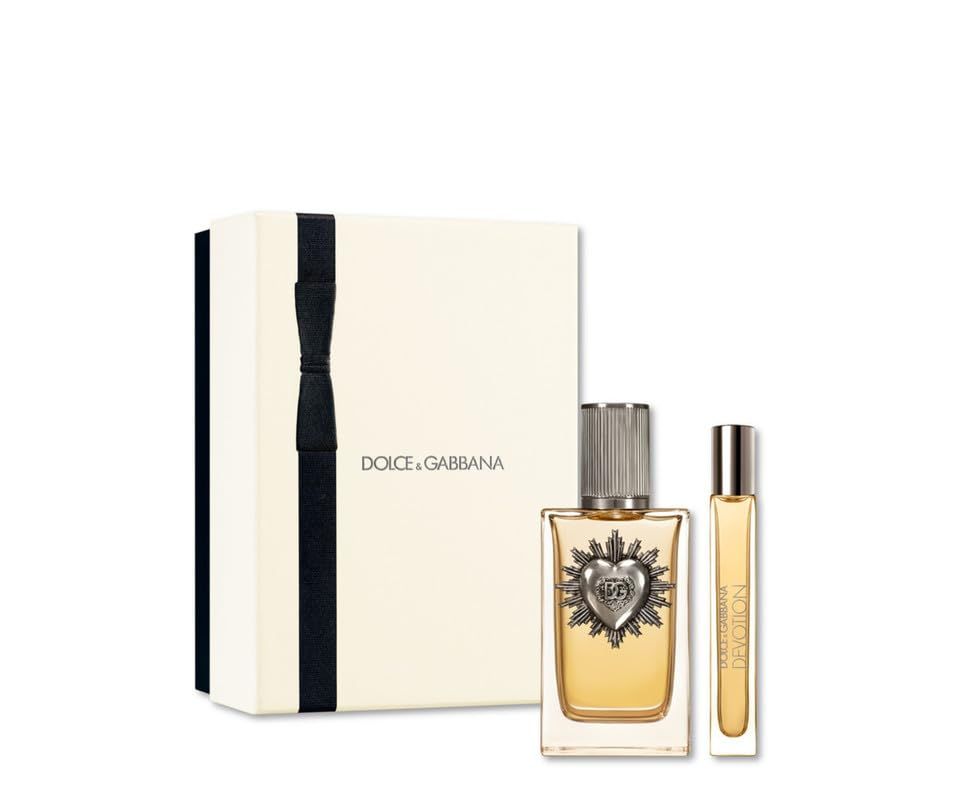 Geschenkset met parfumfles, roll-on en doos. Fles met hartontwerp. Opschrift Dolce & Gabbana.