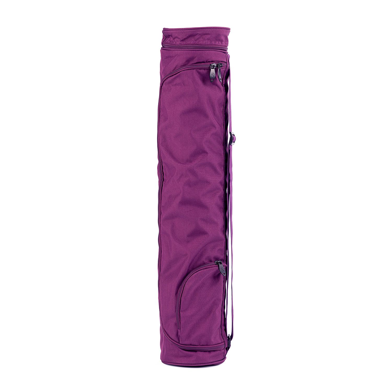 Sac aubergine cylindrique, fermetures éclair, cordon de serrage. Polyester/polyamide.