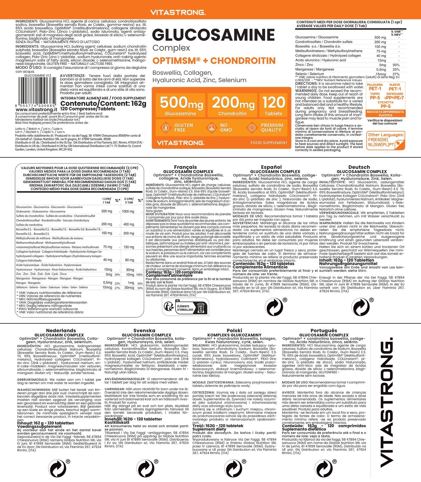 Emballage de Vitastrong Glucosamine Complex. Informations multilingues. Informations nutritionnelles, ingrédients.
