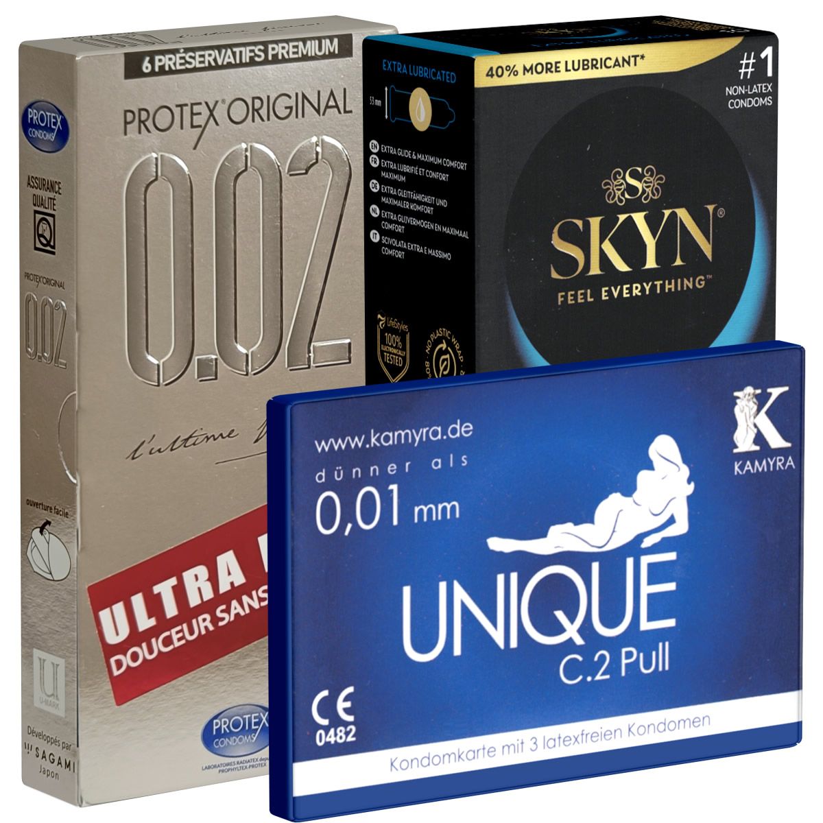 Drie condoomverpakkingen. PROTEX ORIGINAL 0.02, SKYN en UNIQUE C.2 Pull. Productinformatie en logo's zichtbaar.