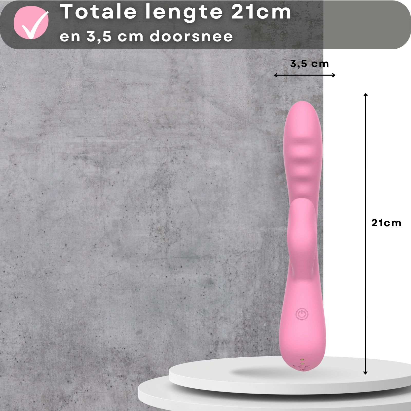 Roze vibrator. Siliconen en ABS. Paar op achtergrond. Op voetstuk. USB oplaadbaar. 10 standen.
