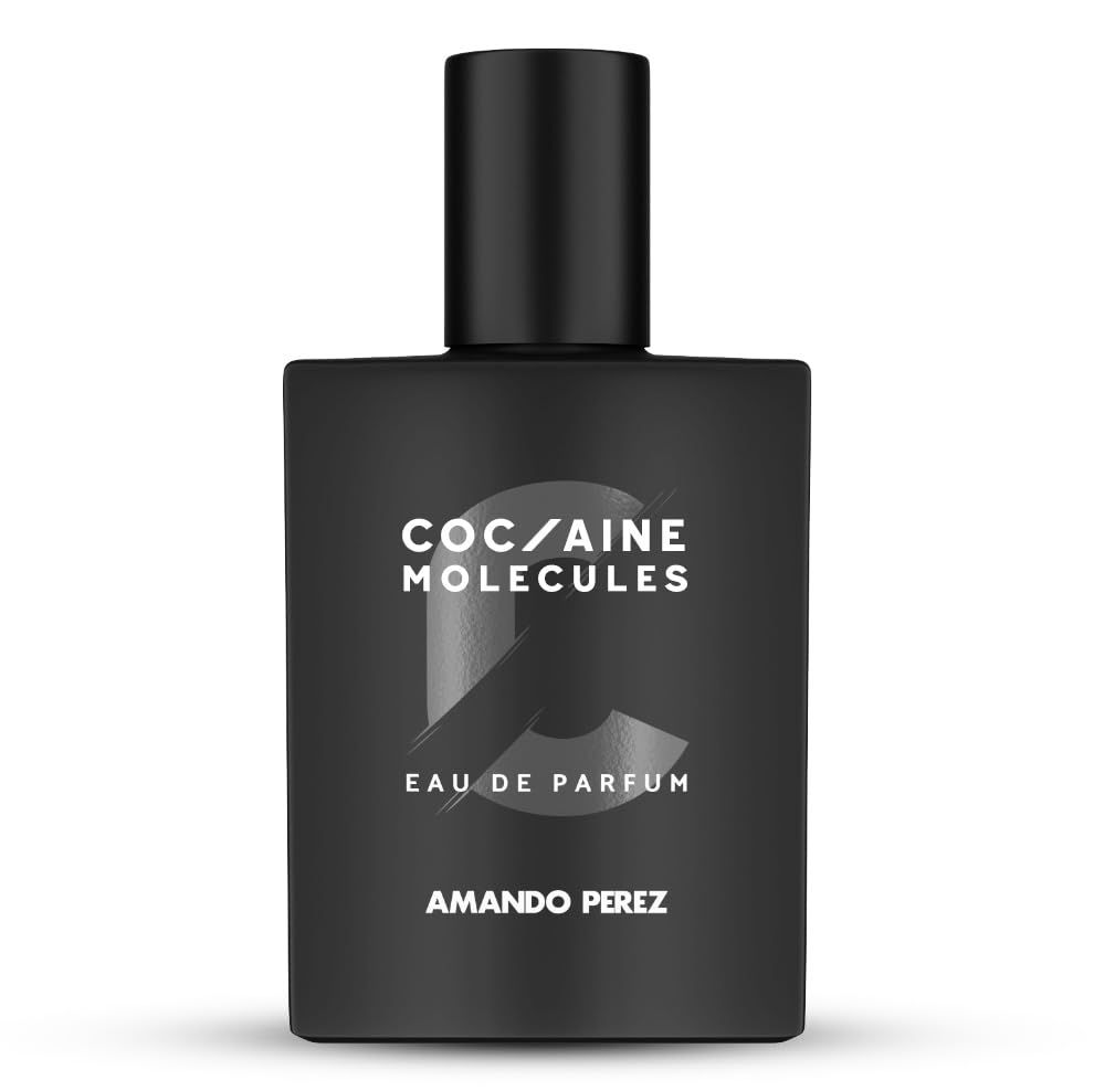 Zwarte flacon met opschrift "Cocaine Molecules Eau de Parfum" en "Amando Perez".