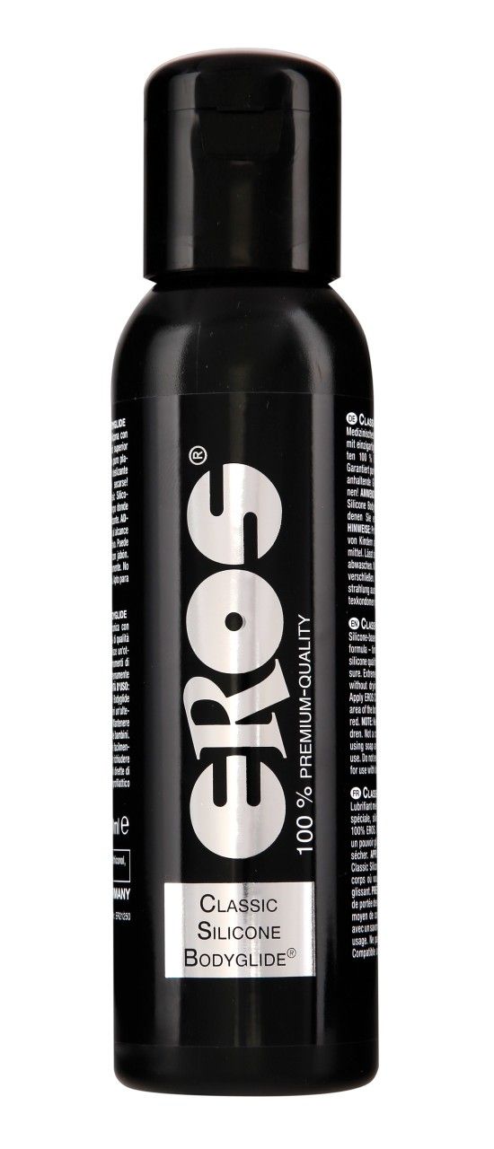 Zwarte fles met Eros Bodyglide Classic Silicone opdruk en tekst.