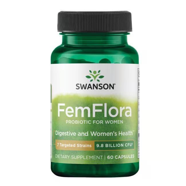 Flacon vert avec bouchon noir. Inscription: Swanson FemFlora Probiotique pour femmes. 60 gélules.