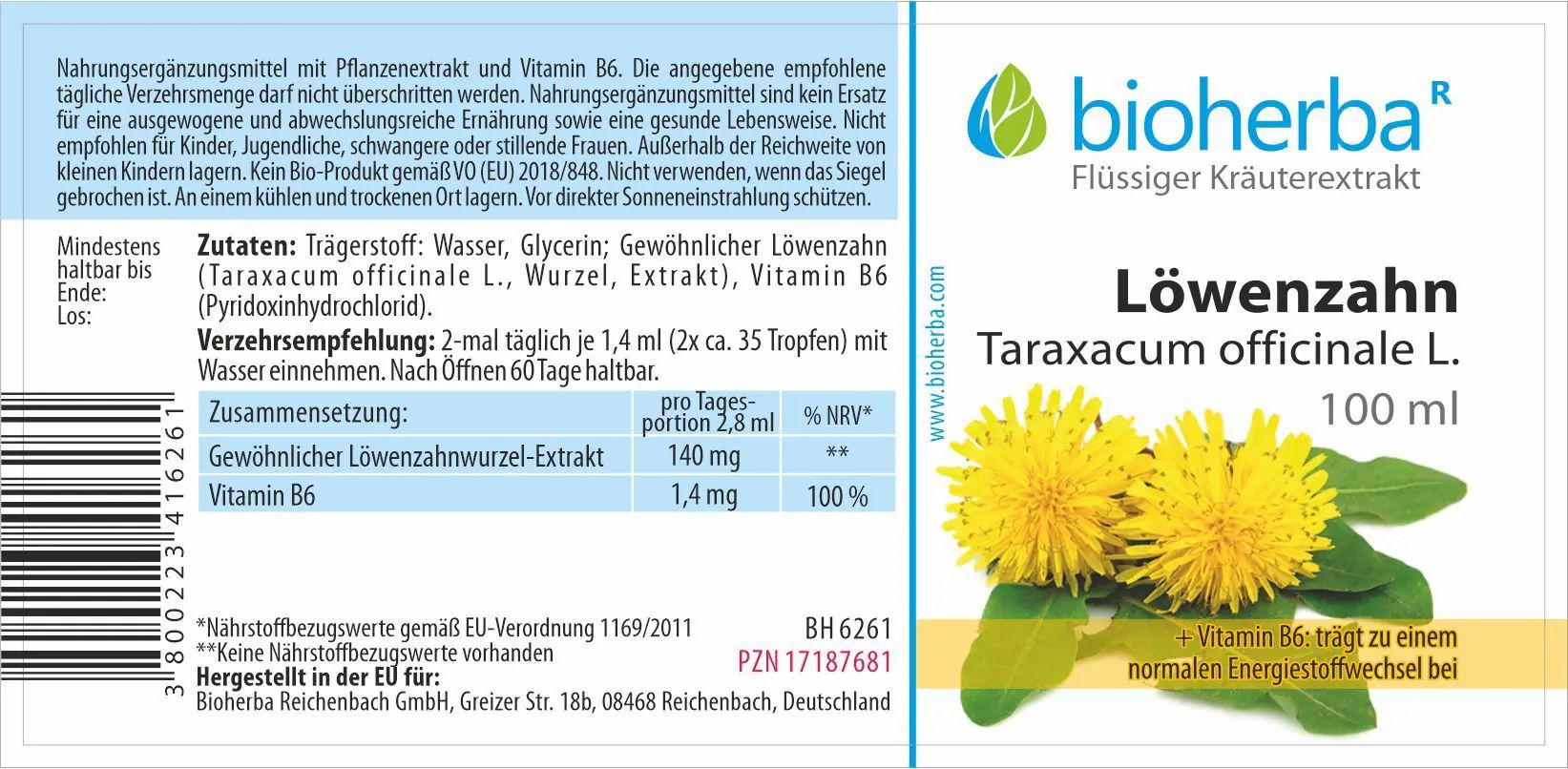 Etiket met logo, productnaam, ingrediënten en voedingswaarde. Illustratie van paardenbloem bloemen.