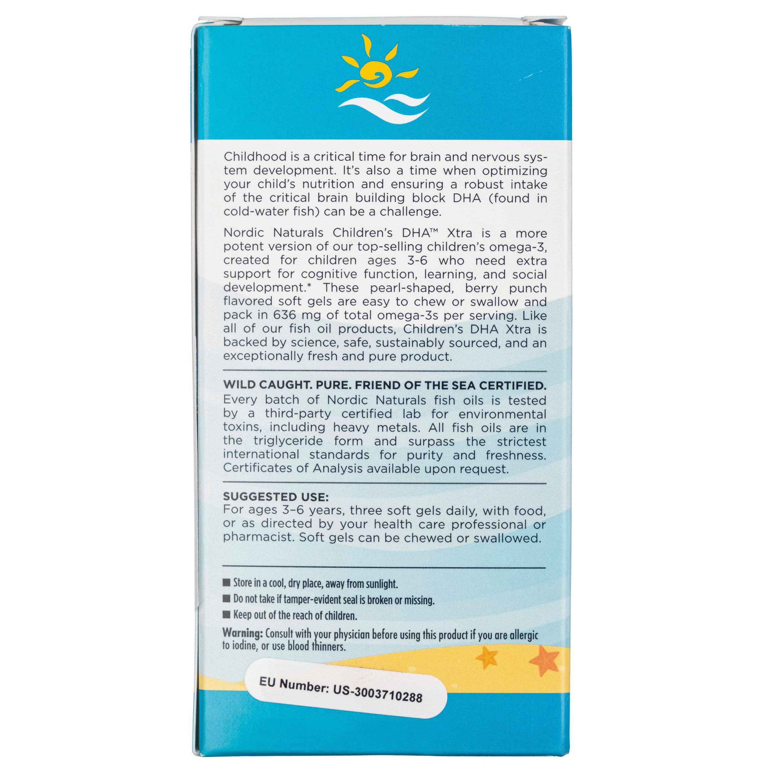 Emballage pour Nordic Naturals Children's DHA Xtra avec informations sur les ingrédients et l'utilisation.