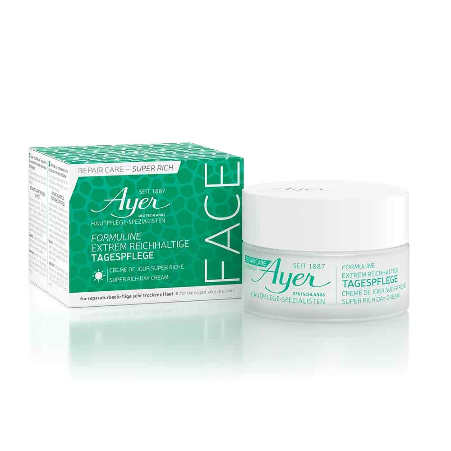 Ayer Harriet Hubbard Repair Care Formuline Super Rich Day Cream. Pot en doos. Groen-wit ontwerp. Tekst: Formuline, super rijke dagcrème.
